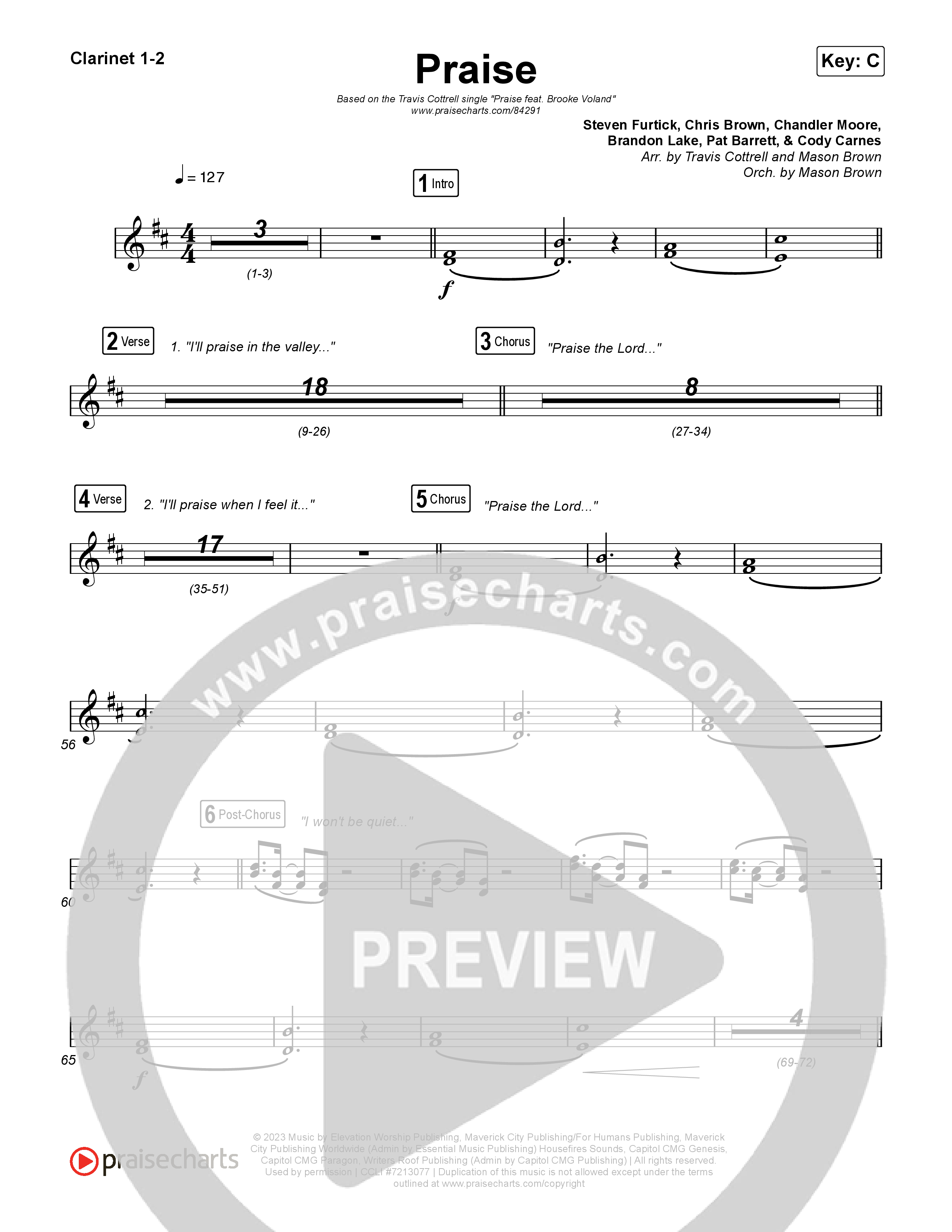 Praise (Choral/SATB) Clarinet 1,2 (Brooke Voland / Arr. Travis Cottrell / Orch. Mason Brown)