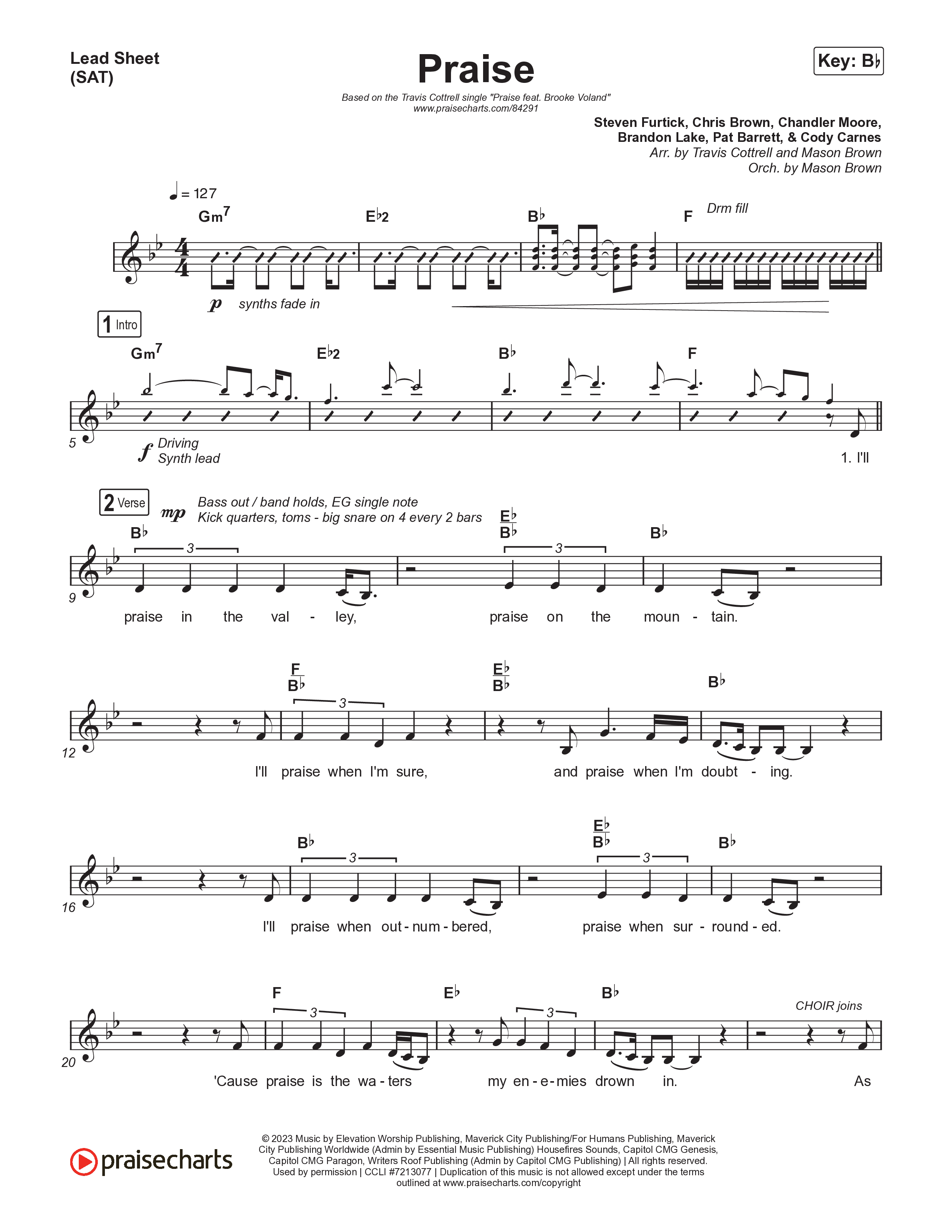 Praise (Choral/SATB) Lead Sheet (SAT) (Brooke Voland / Arr. Travis Cottrell / Orch. Mason Brown)