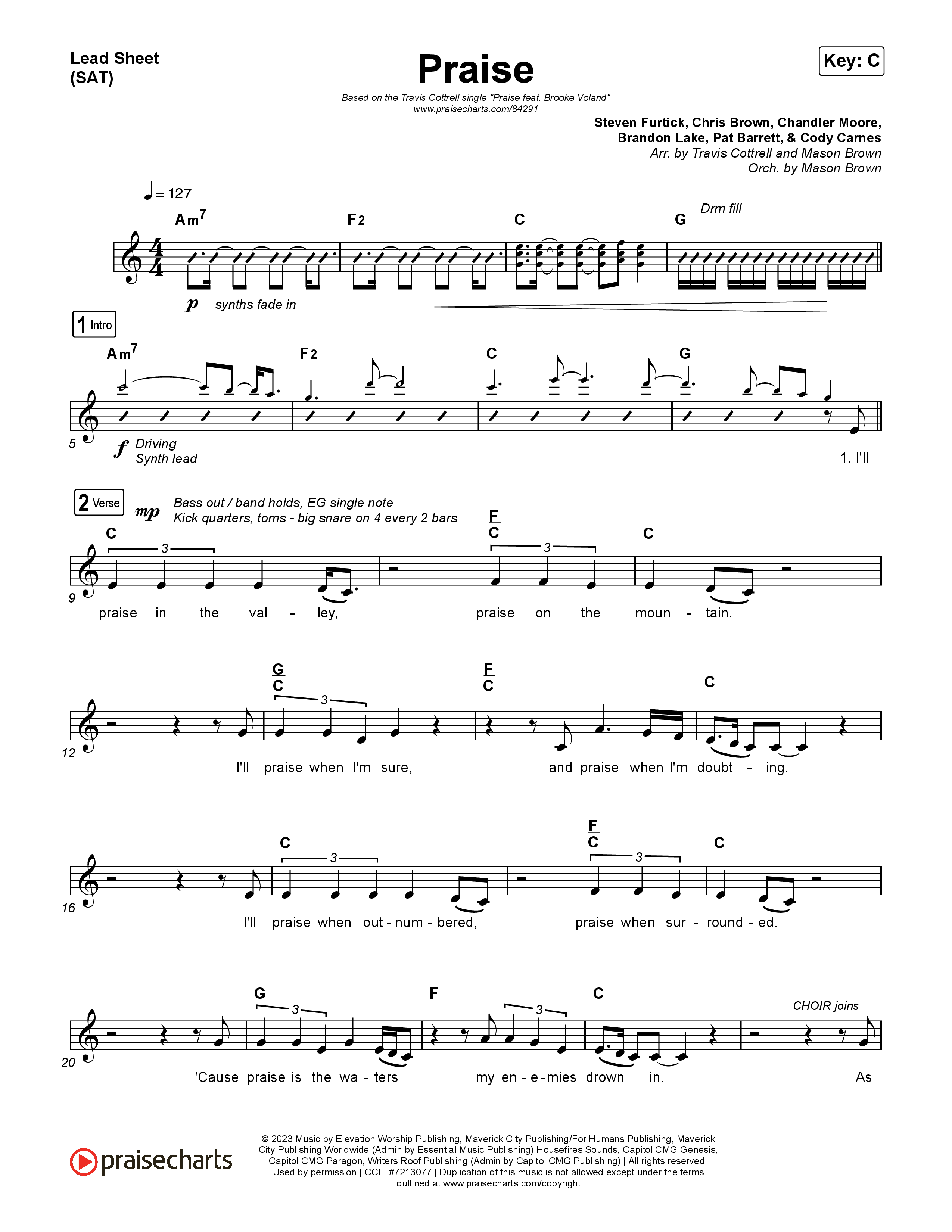 Praise (Choral/SATB) Lead Sheet (SAT) (Brooke Voland / Arr. Travis Cottrell / Orch. Mason Brown)