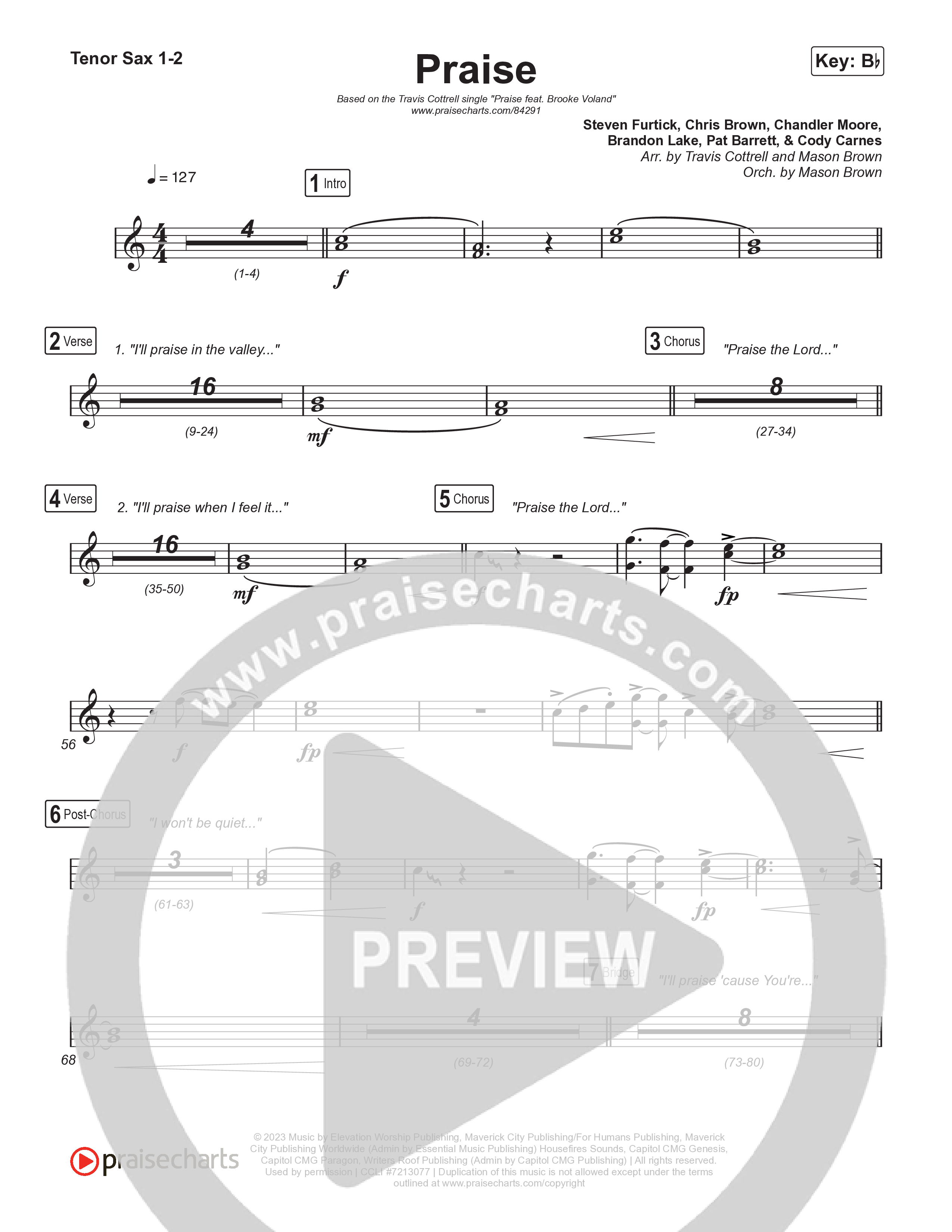 Praise (Choral/SATB) Tenor Sax 1,2 (Brooke Voland / Arr. Travis Cottrell / Orch. Mason Brown)