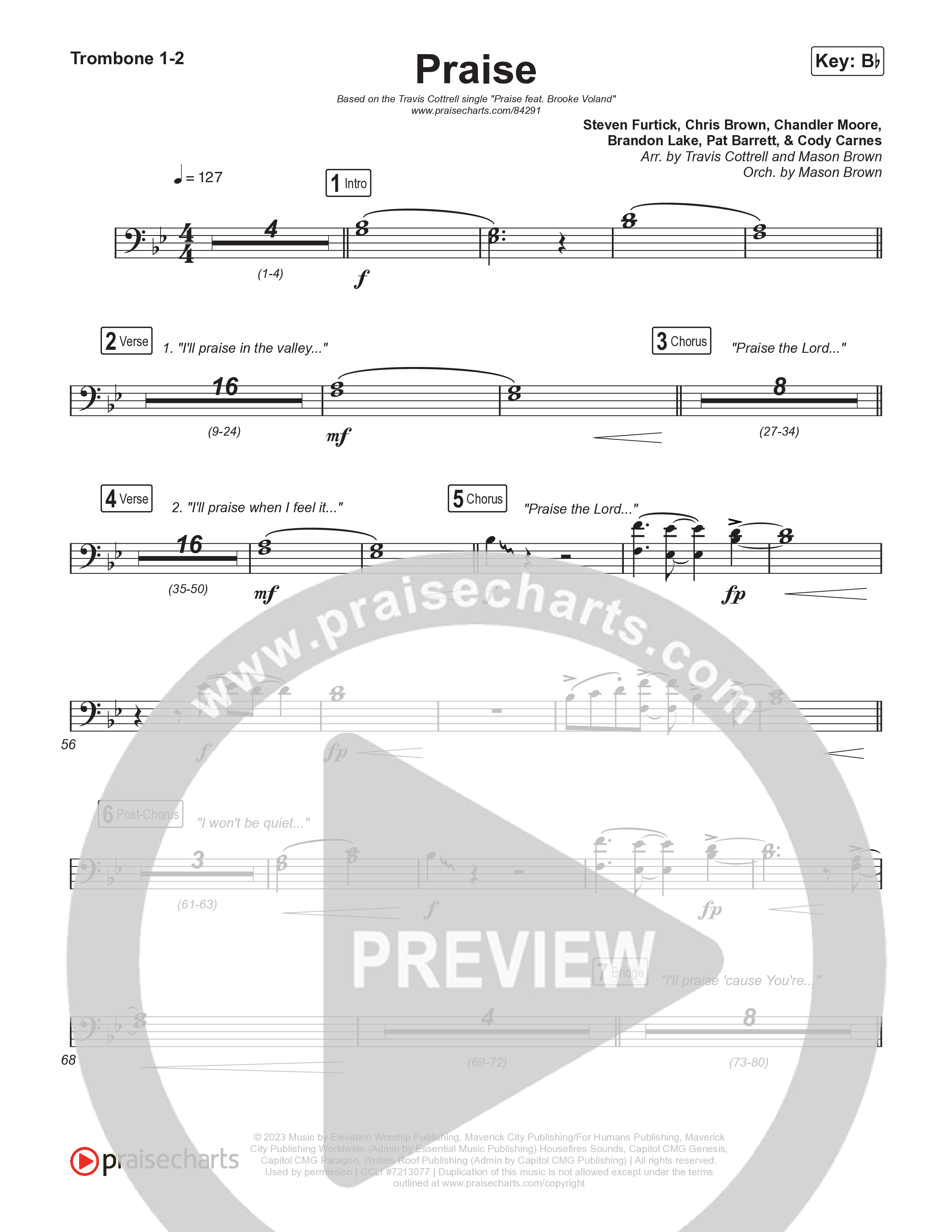 Praise (Choral/SATB) Trombone 1/2 (Brooke Voland / Arr. Travis Cottrell / Orch. Mason Brown)