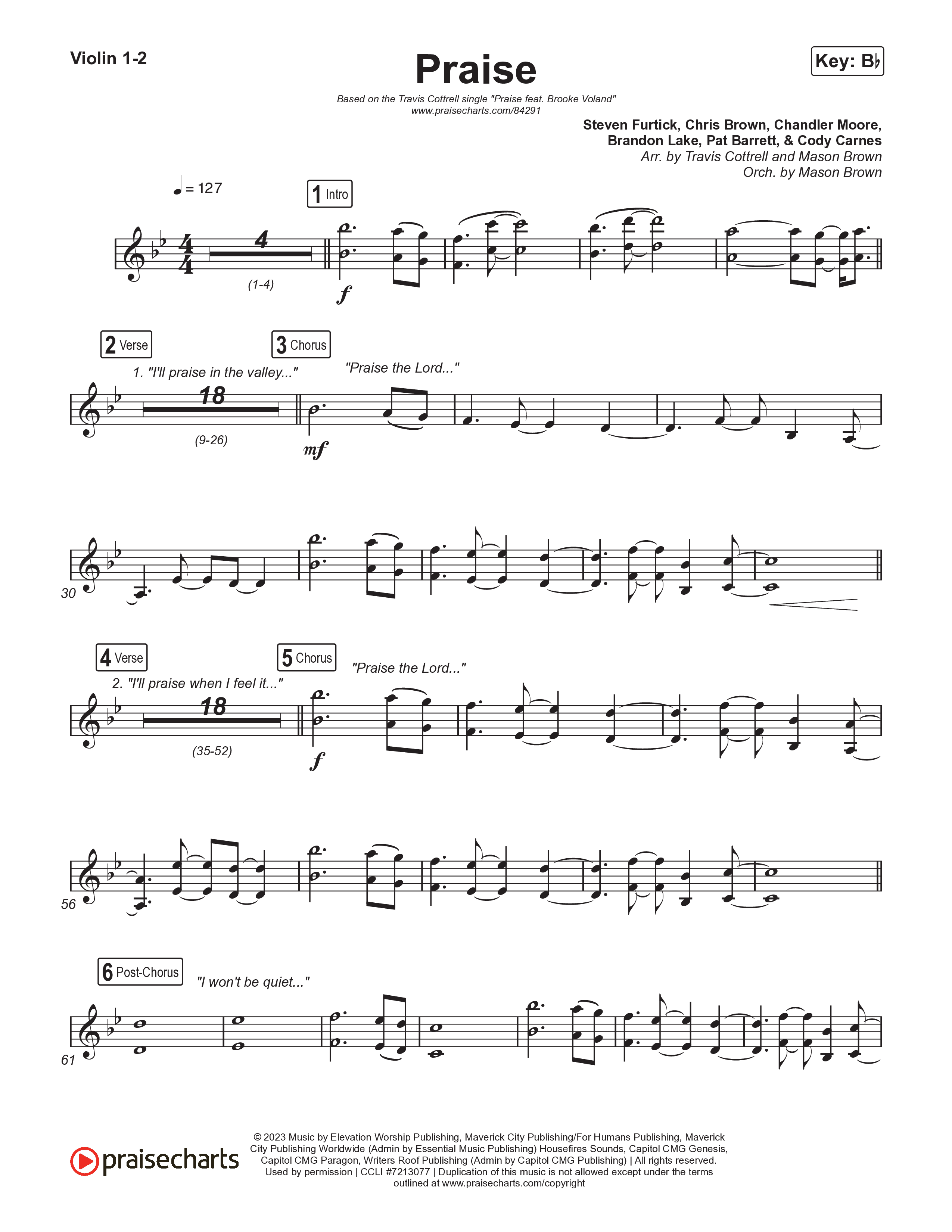Praise (Choral/SATB) Violin 1,2 (Brooke Voland / Arr. Travis Cottrell / Orch. Mason Brown)