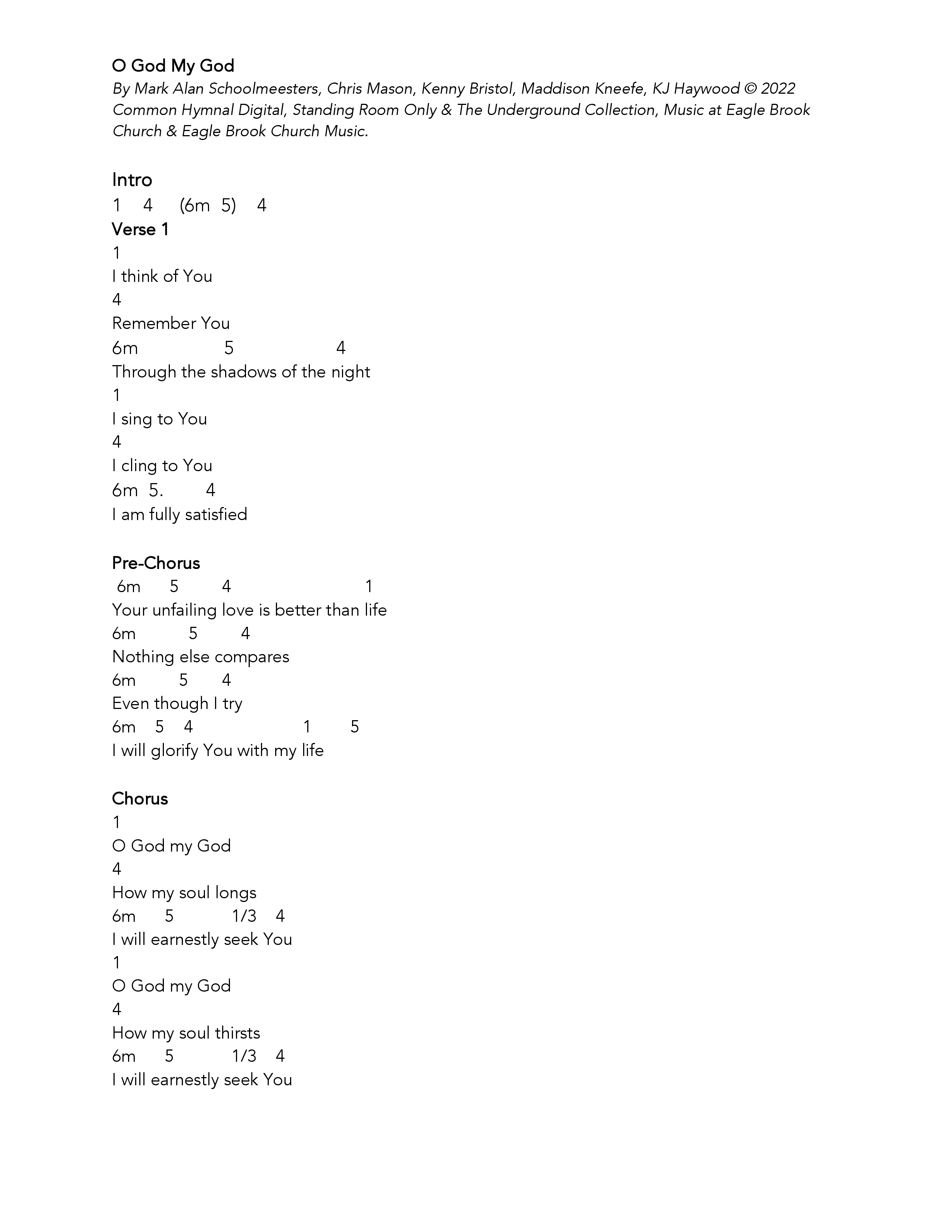 O God My God Chord Chart (Eagle Brook Music)