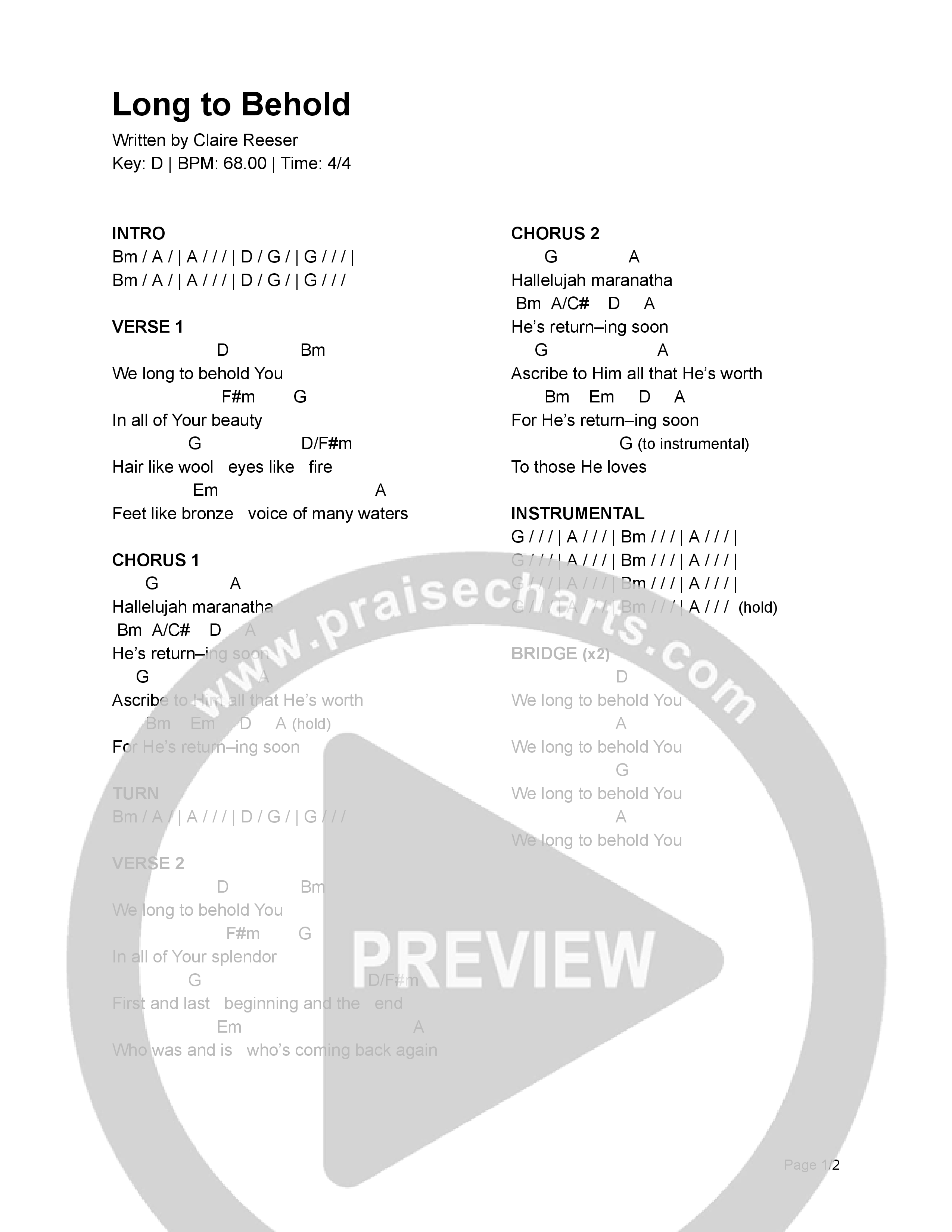 Long To Behold Chord Chart (Maranatha Collective)