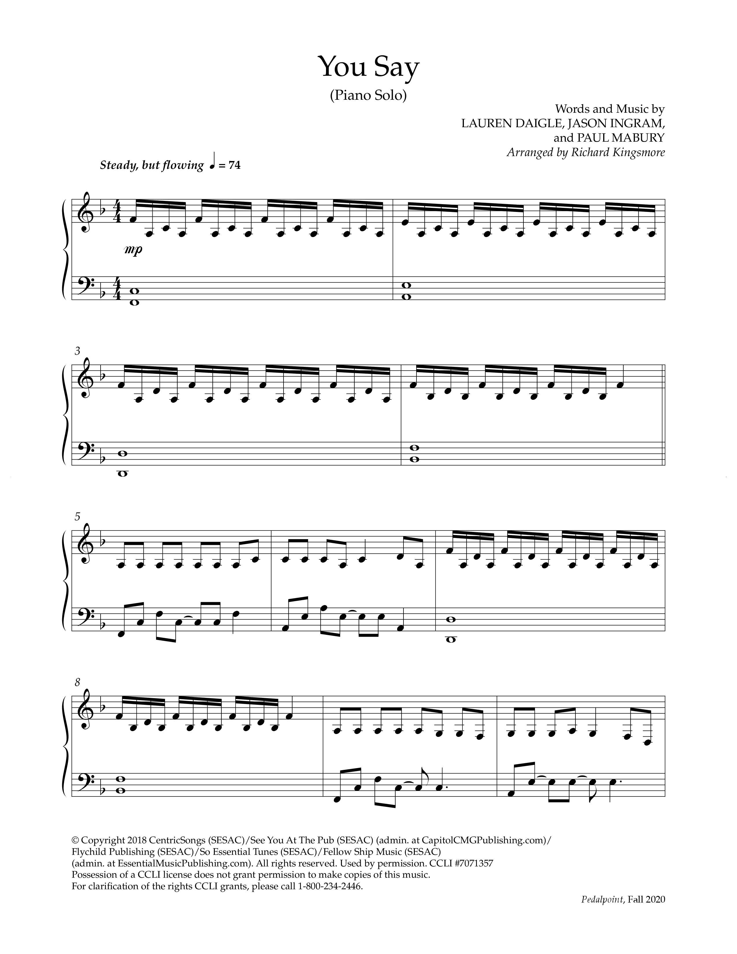 You Say (Instrumental) Piano Solo (Lifeway Worship / Arr. Richard Kingsmore)
