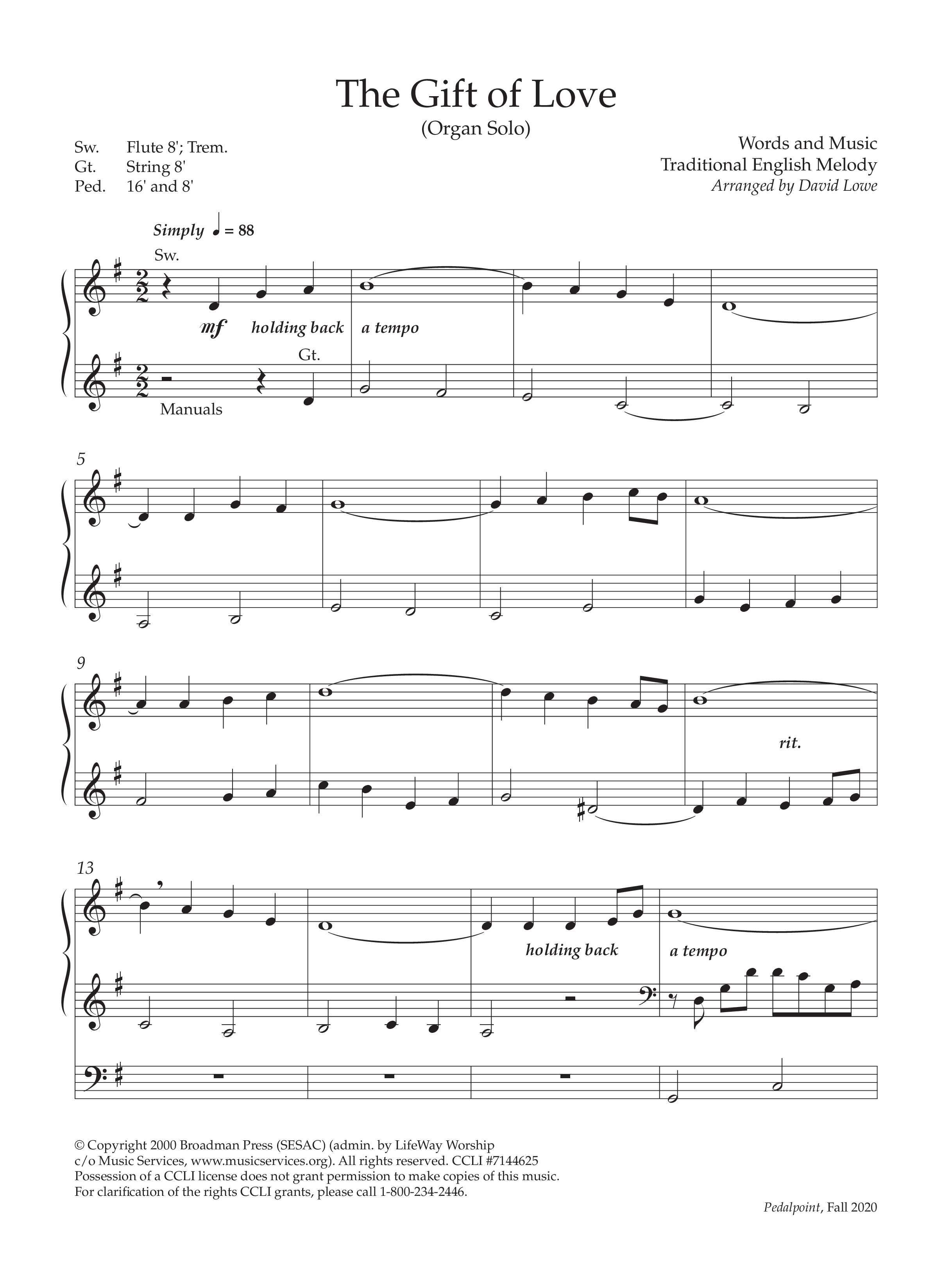 The Gift Of Love (Instrumental) Organ (Lifeway Worship / Arr. David Lowe)