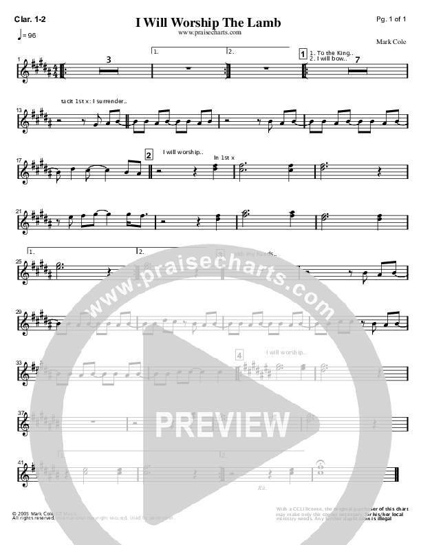 I Will Worship The Lamb Clarinet 1/2 (Mark Cole)