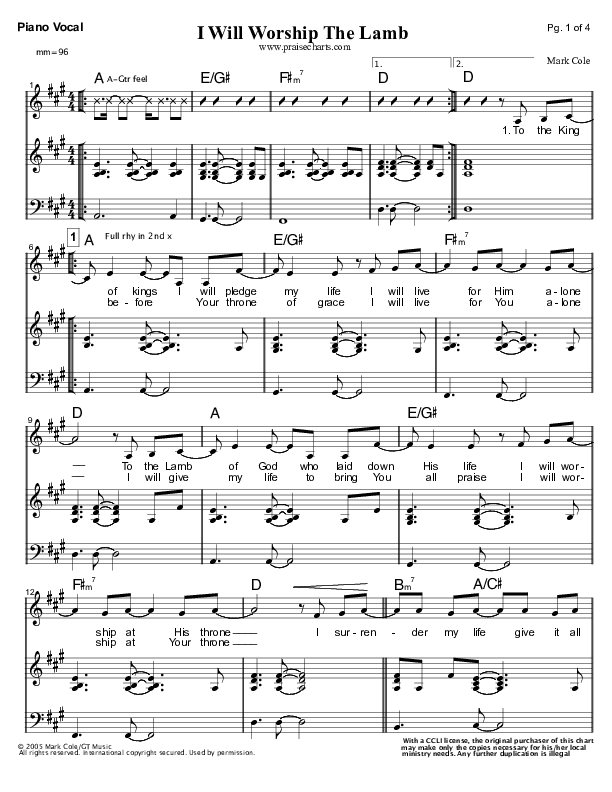 I Will Worship The Lamb Piano/Vocal (Mark Cole)