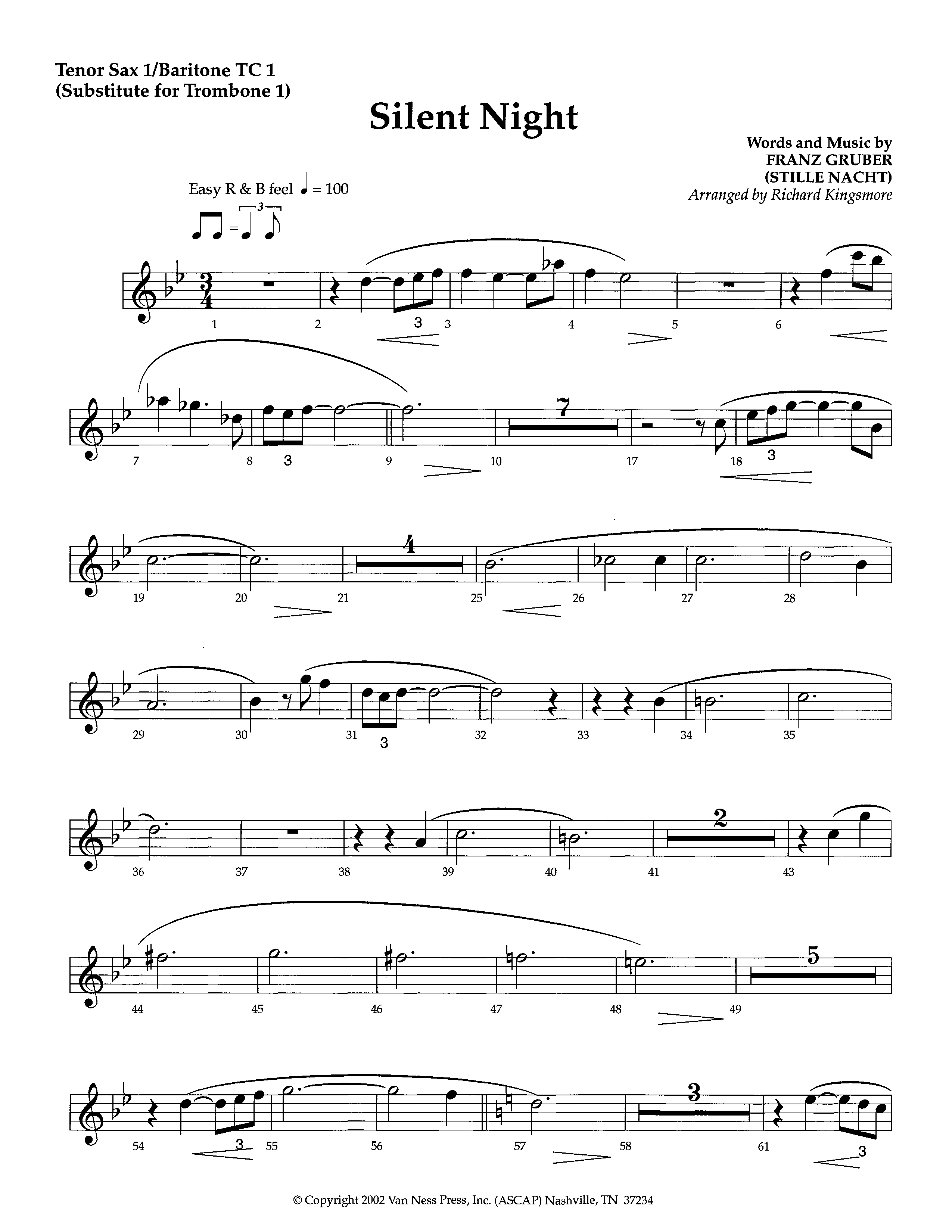 Silent Night (Instrumental) Tenor Sax/Baritone T.C. (Lifeway Worship / Arr. Richard Kingsmore)