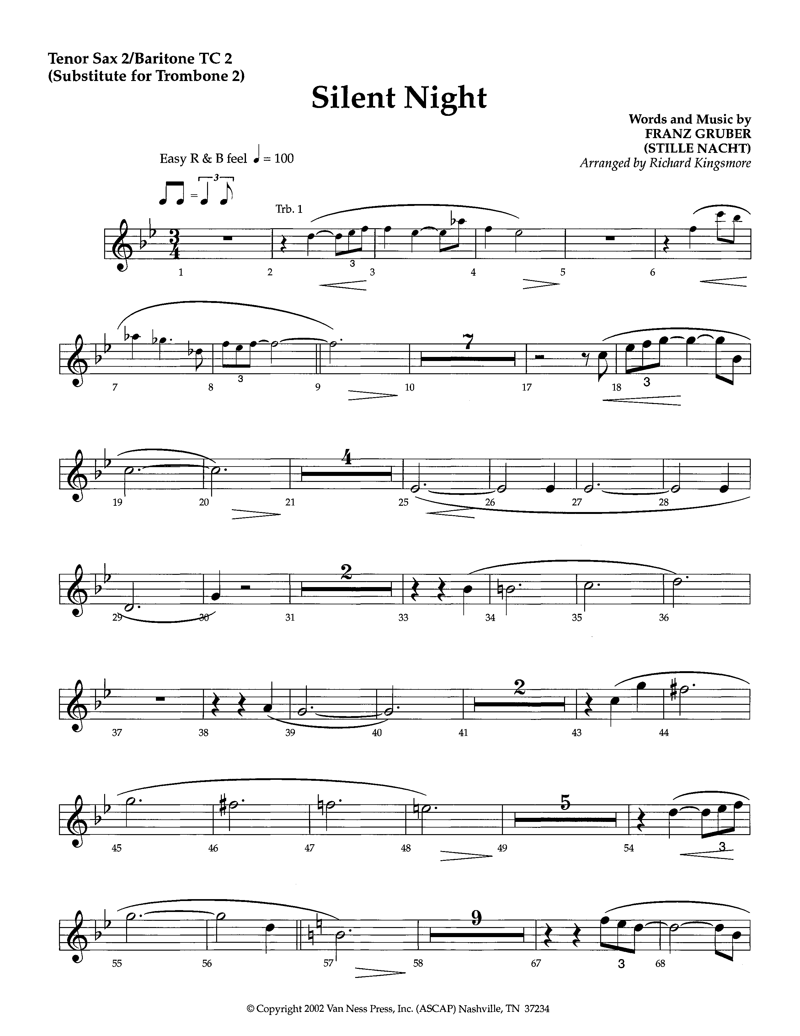 Silent Night (Instrumental) Tenor Sax/Baritone T.C. (Lifeway Worship / Arr. Richard Kingsmore)