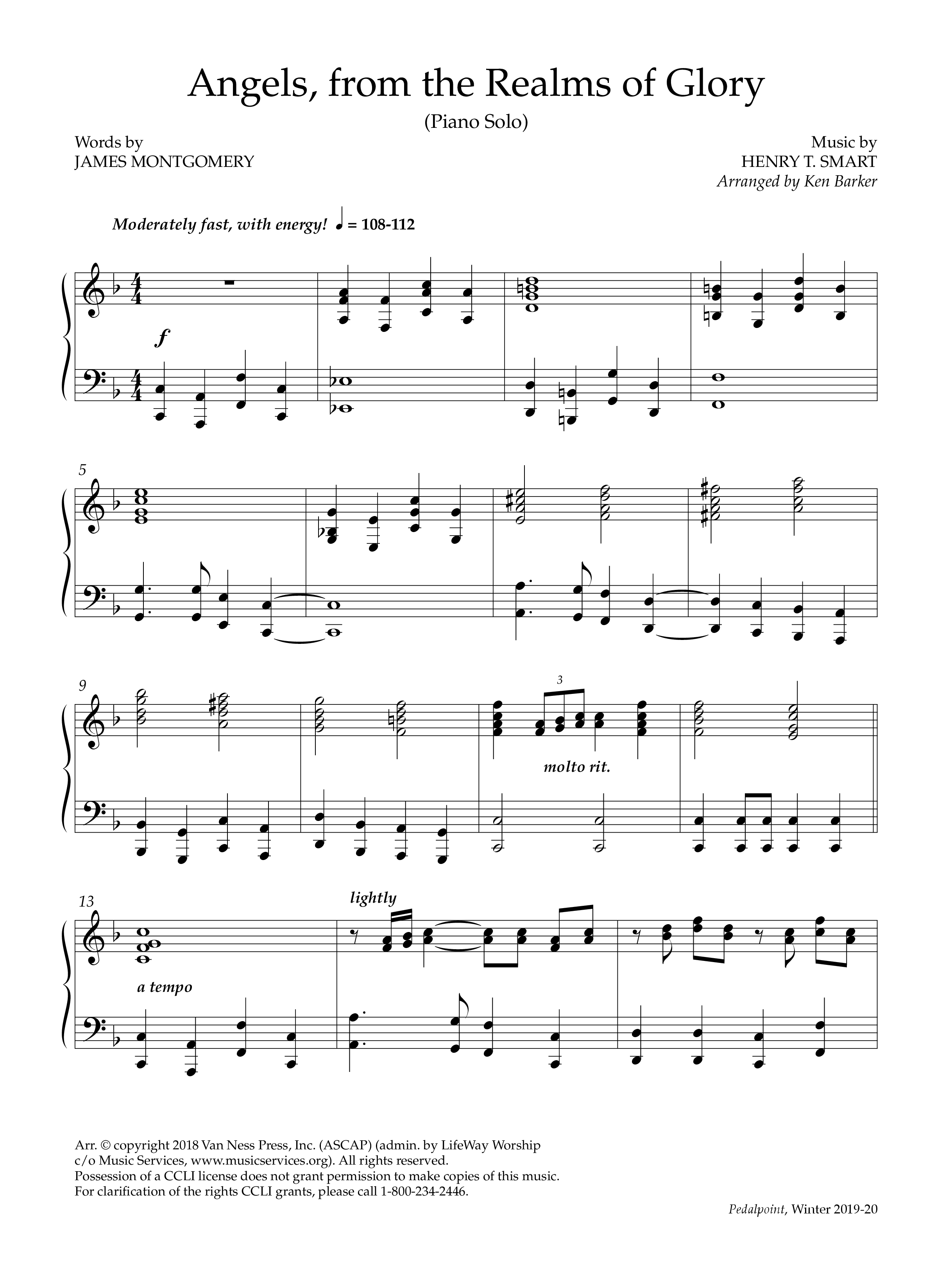 Angels From The Realms Of Glory (Instrumental) Piano Solo (Lifeway Worship / Arr. Ken Barker)