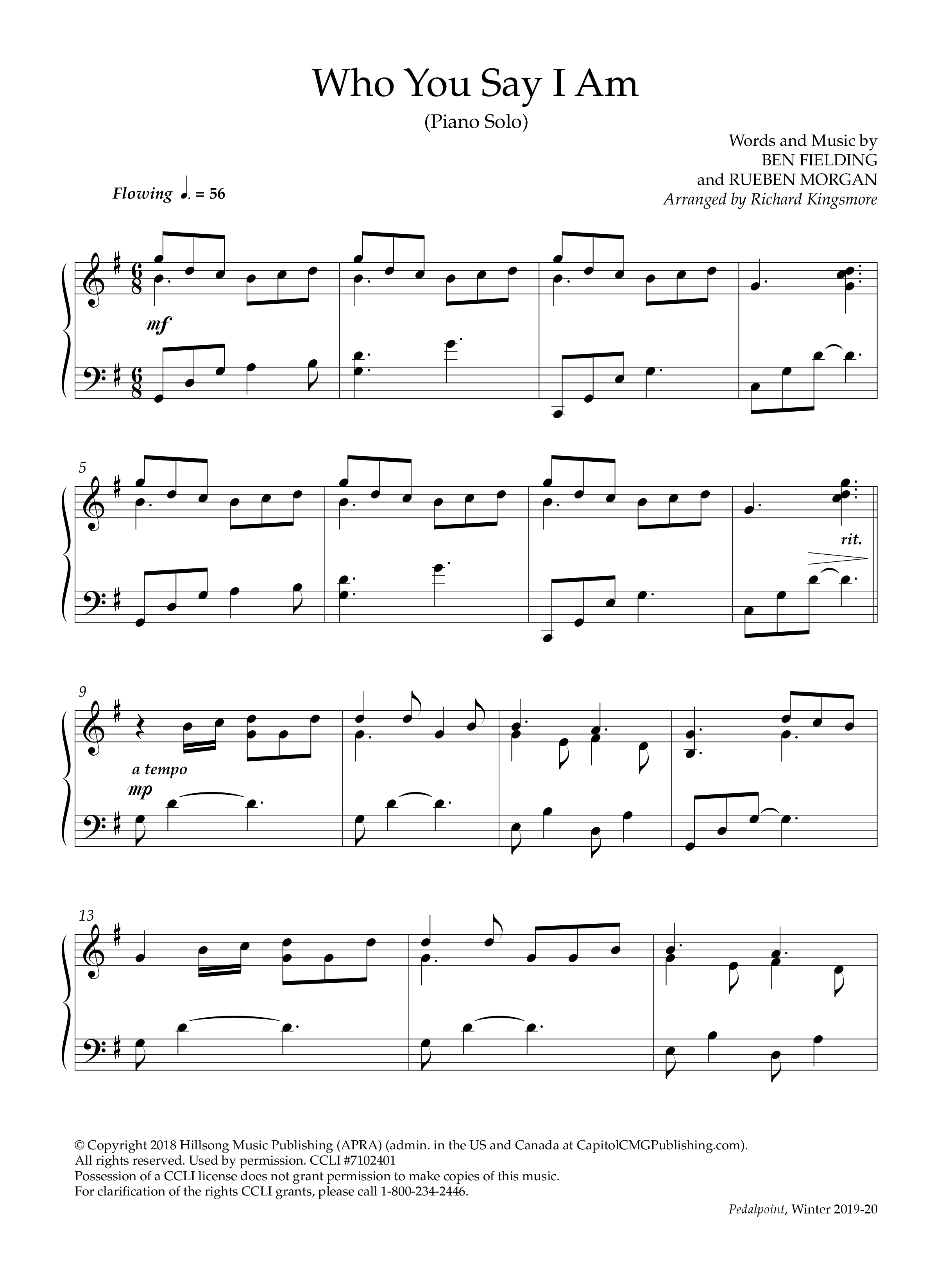 Who You Say I Am (Instrumental) Piano Solo (Lifeway Worship / Arr. Richard Kingsmore)