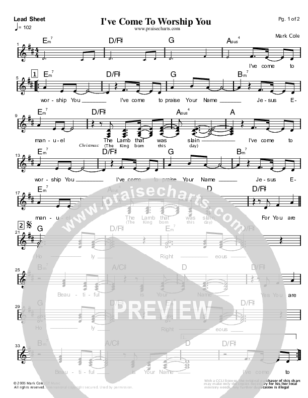 I've Come To Worship You Lead Sheet (Mark Cole)