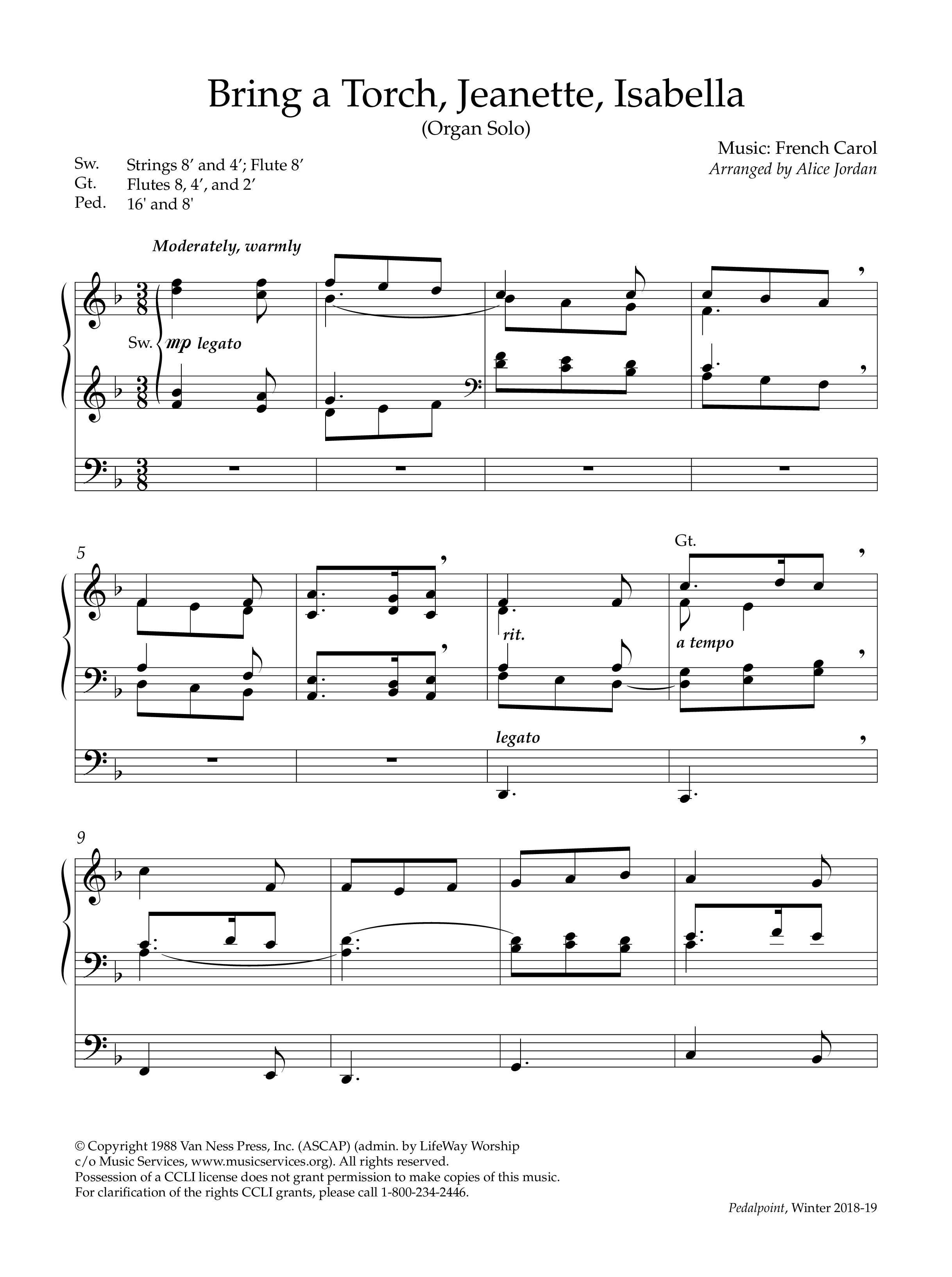 Bring A Torch Jeanette Isabella (Instrumental) Organ (Lifeway Worship / Arr. Alice Jordan)