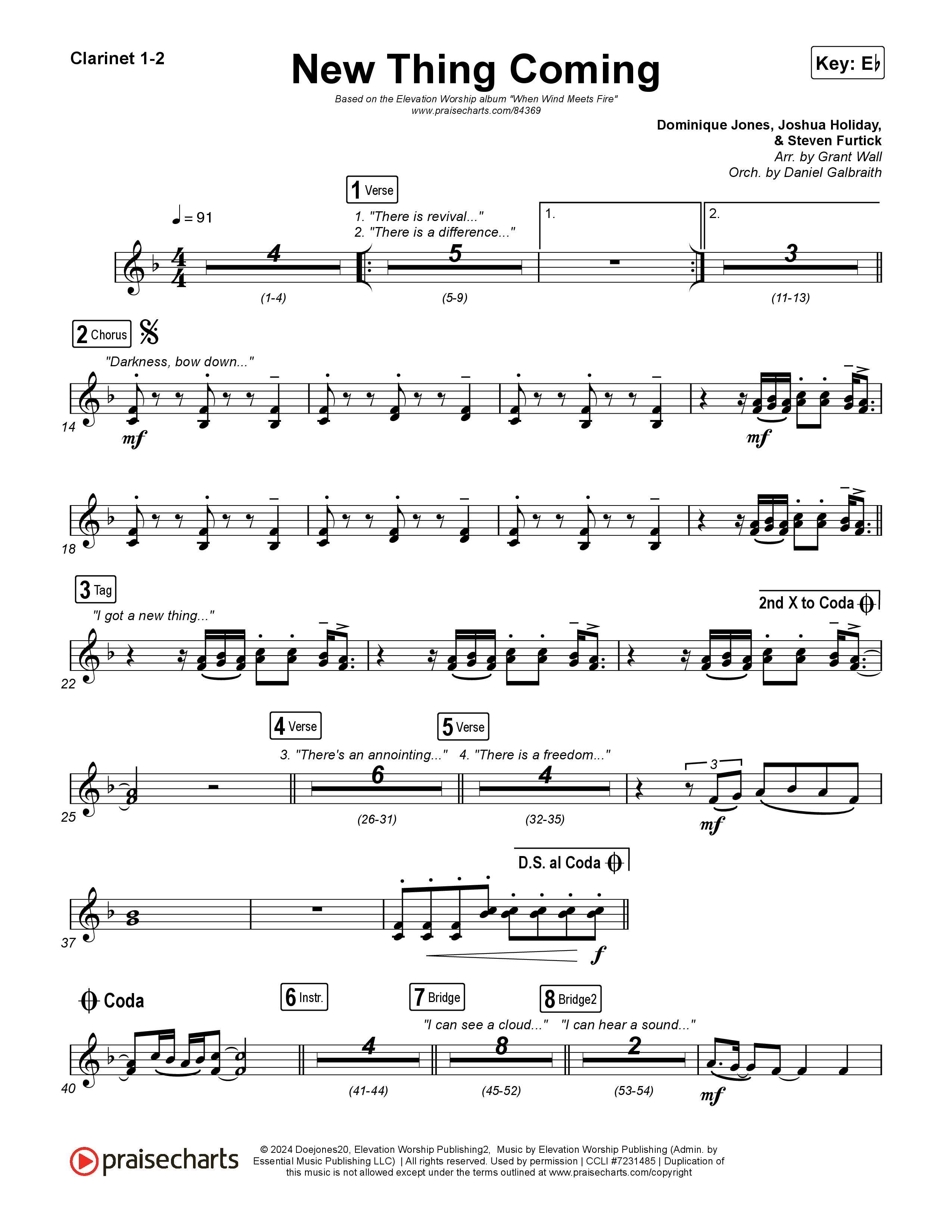 New Thing Coming Clarinet 1,2 (Elevation Worship / Steven Furtick / Tiffany Hudson)