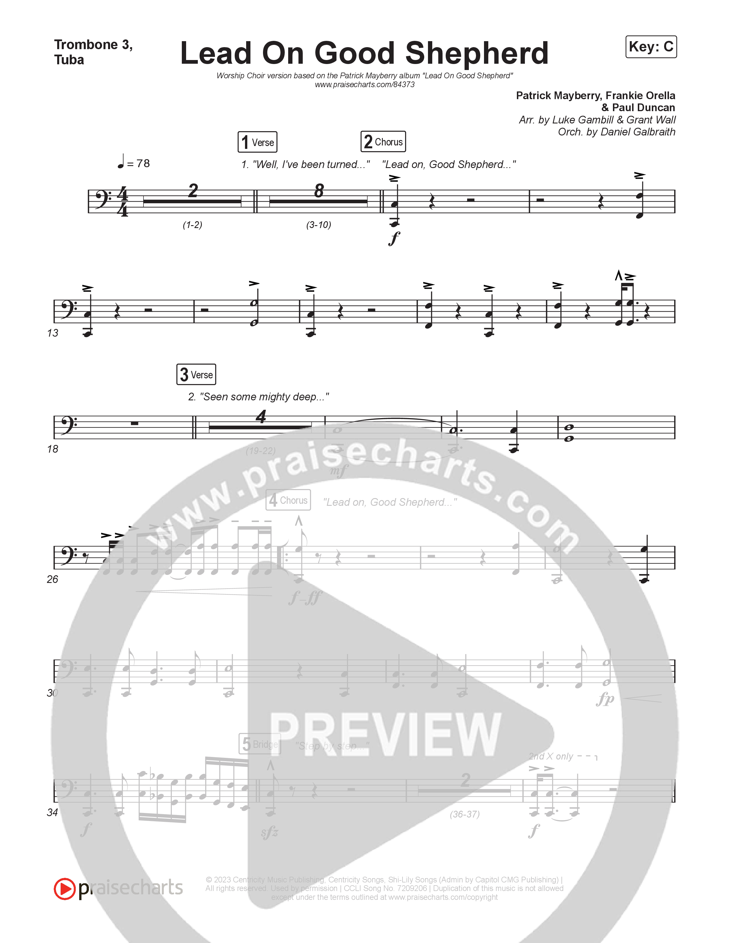 Lead On Good Shepherd (Worship Choir/SAB) Trombone 3/Tuba (Patrick Mayberry / Crowder / Arr. Luke Gambill)