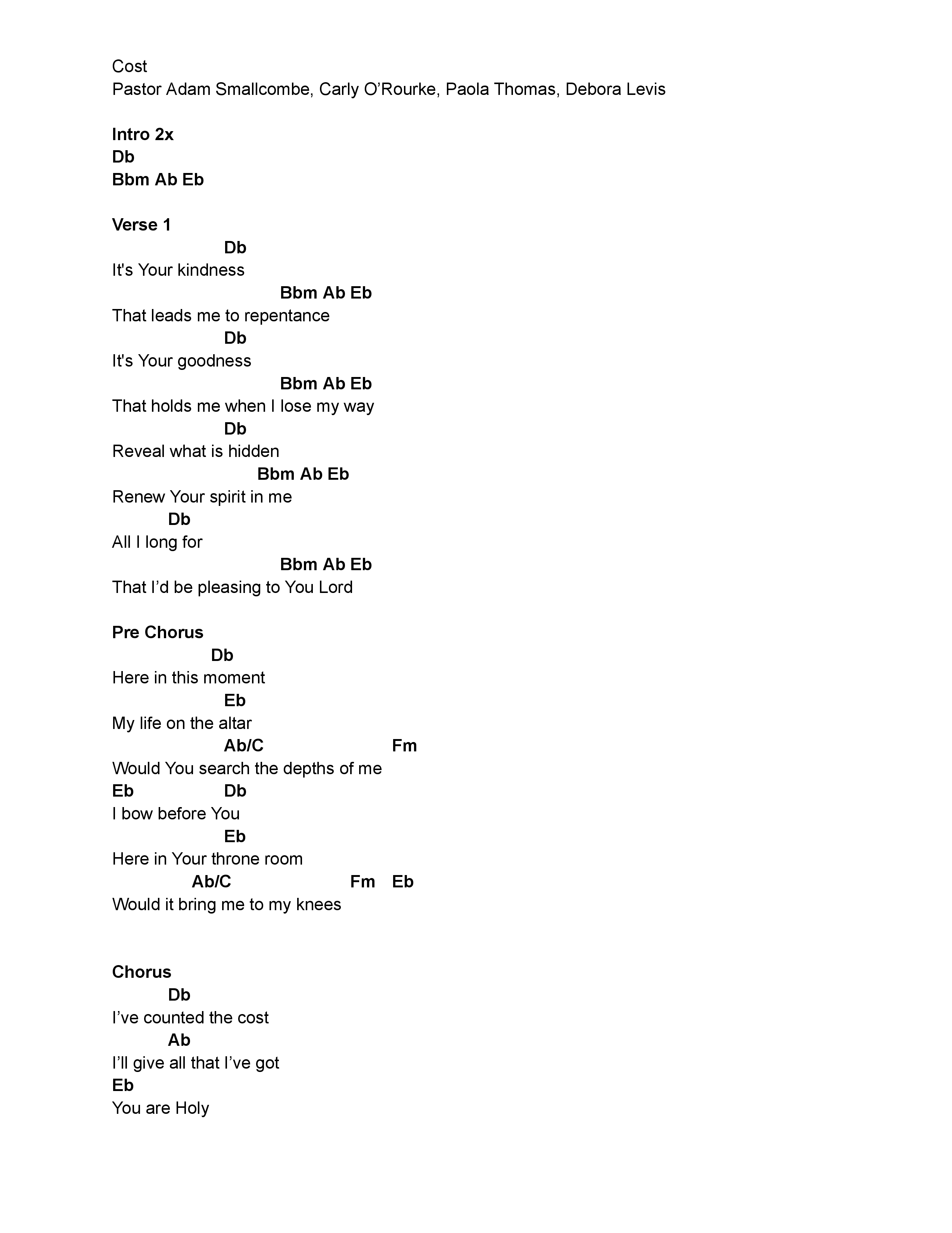 Cost (Live) Chord Chart (Vive Worship)