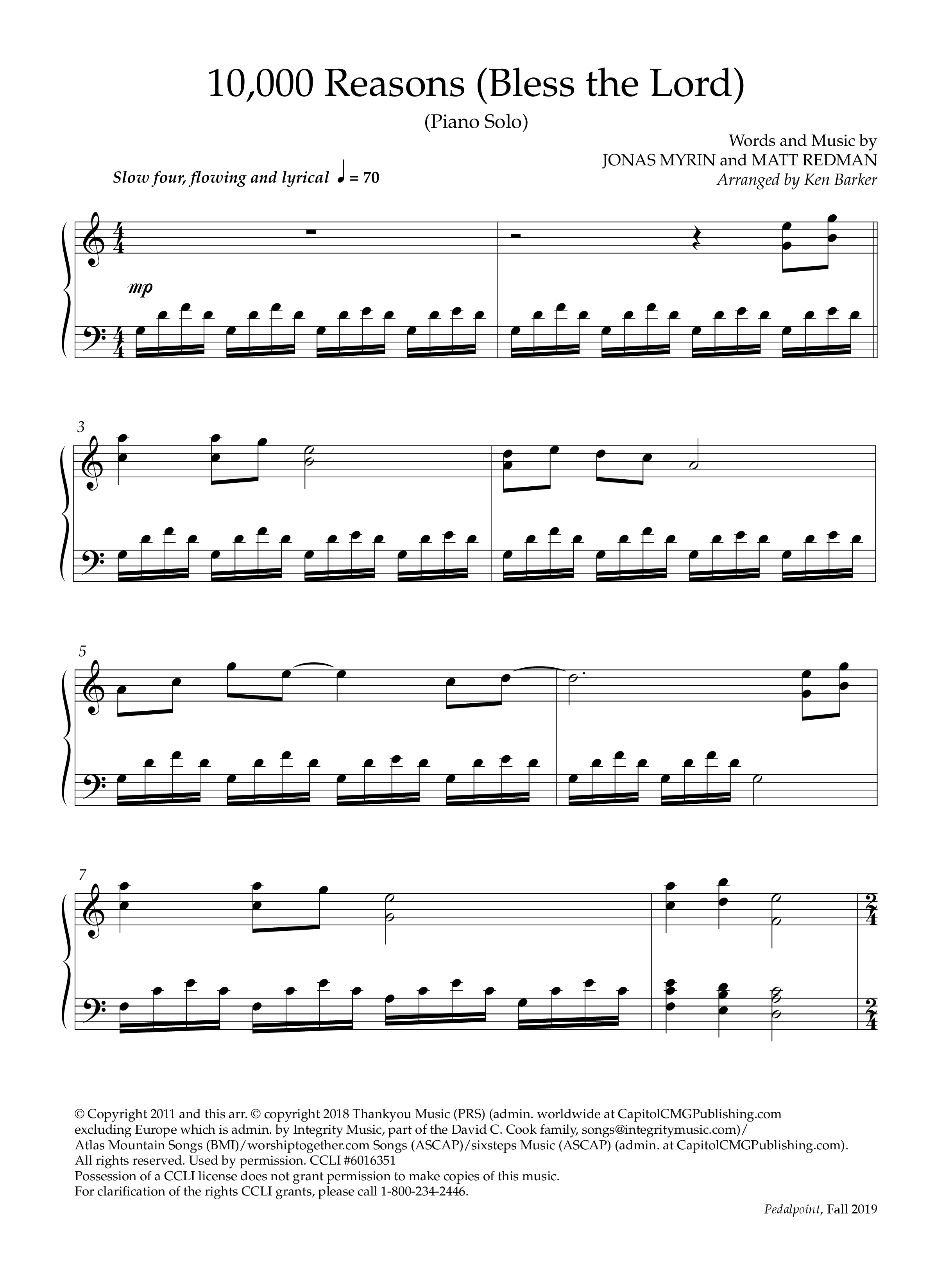 10,000 Reasons (Bless The Lord) (Instrumental) Piano Solo (Lifeway Worship / Arr. Ken Barker)