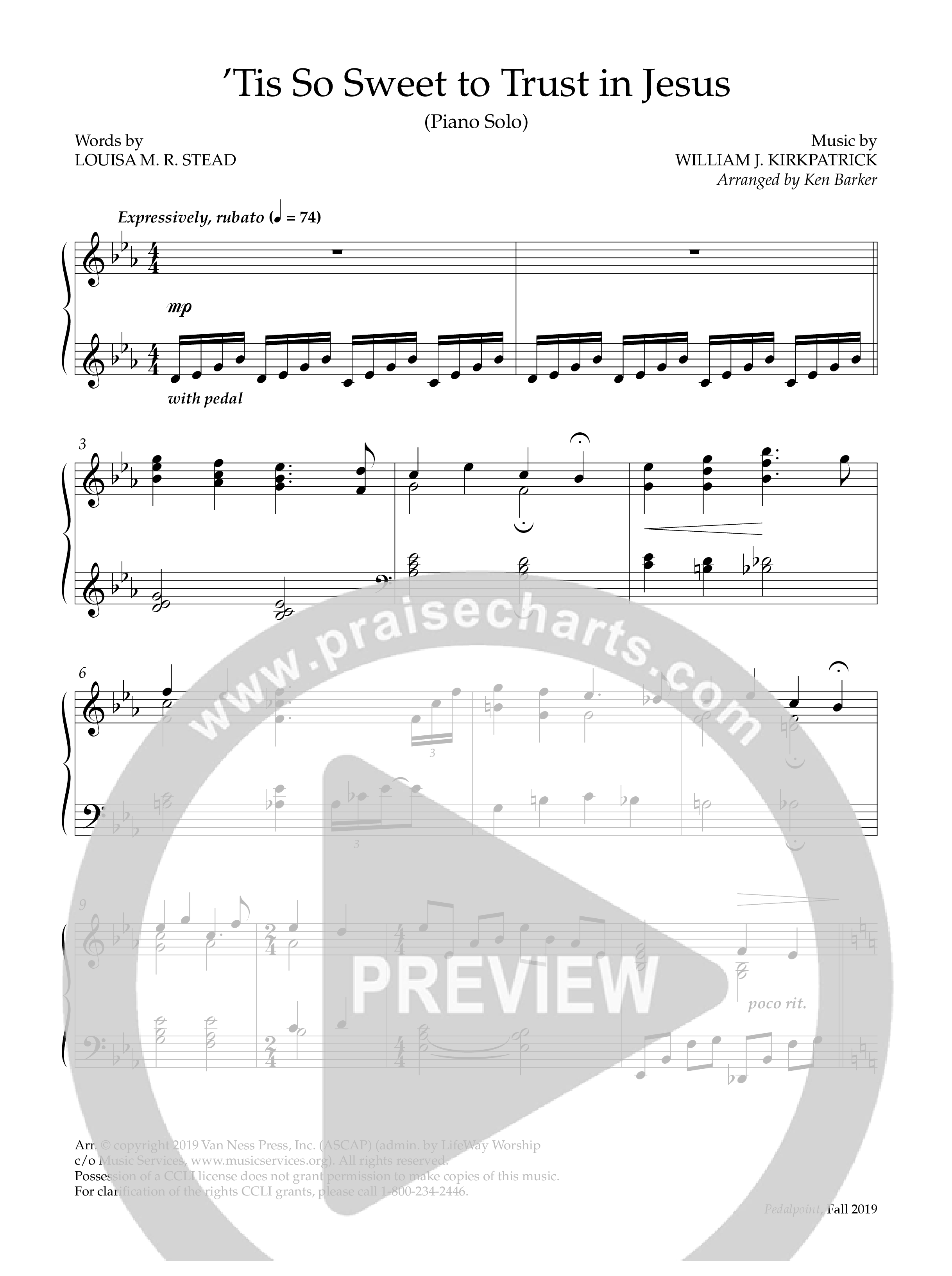 Tis So Sweet To Trust In Jesus (Instrumental) Piano Solo (Lifeway Worship / Arr. Ken Barker)