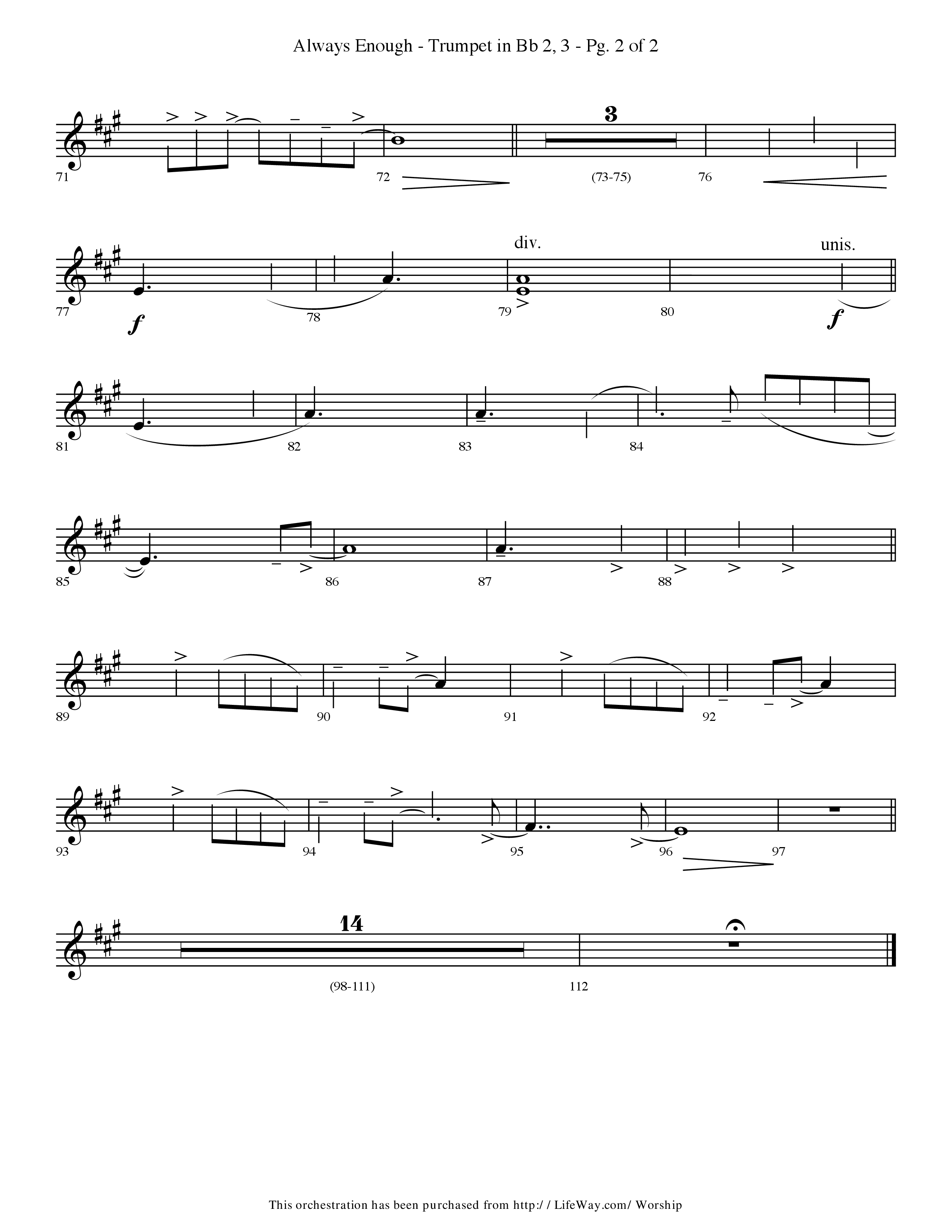 Always Enough (Choral Anthem SATB) Trumpet 2/3 (Lifeway Choral / Arr. Travis Cottrell / Orch. Phillip Keveren)