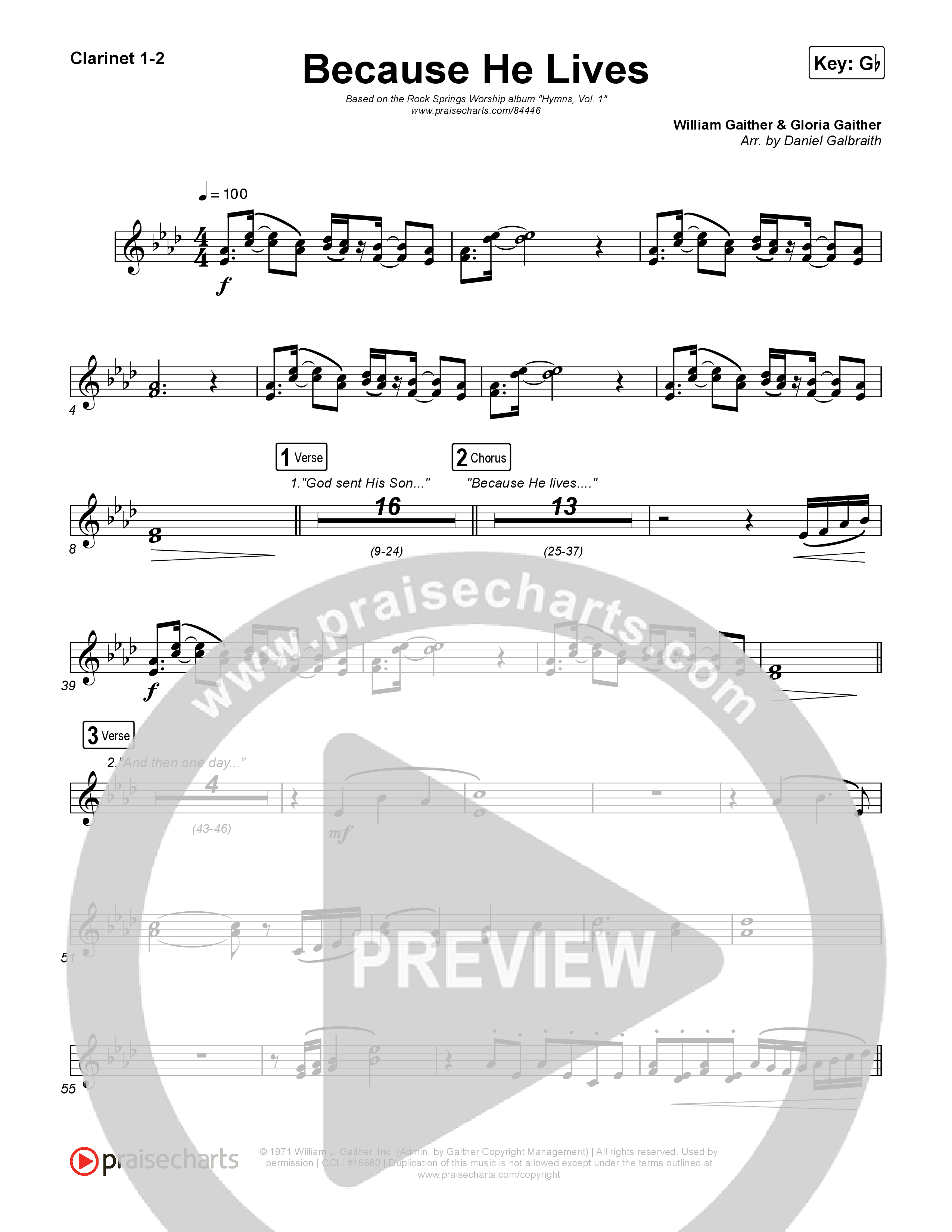 Because He Lives Clarinet 1/2 (Rock Springs Worship / Arr. Matt Summers / Arr. Amber Balltzglier)