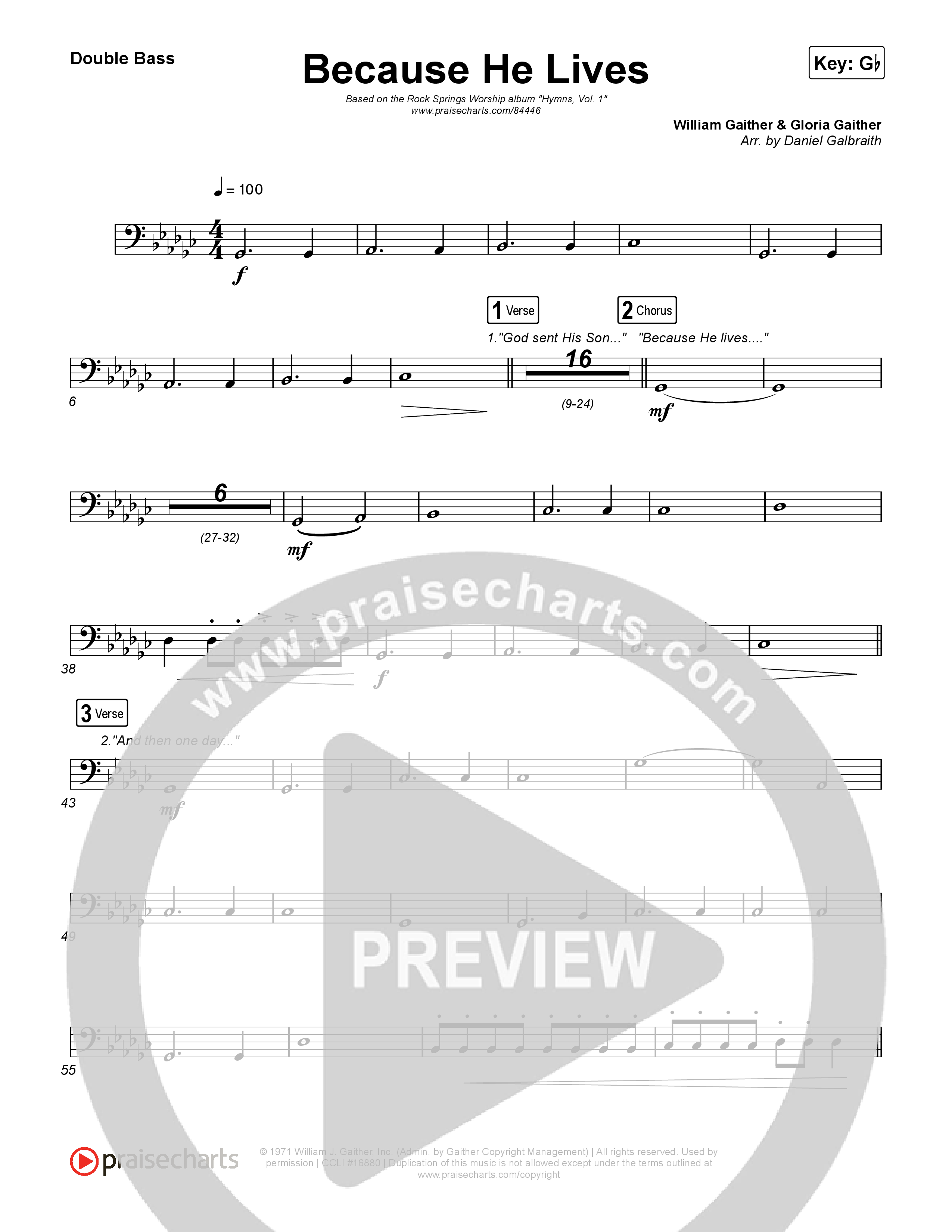 Because He Lives String Bass (Rock Springs Worship / Arr. Matt Summers / Arr. Amber Balltzglier)