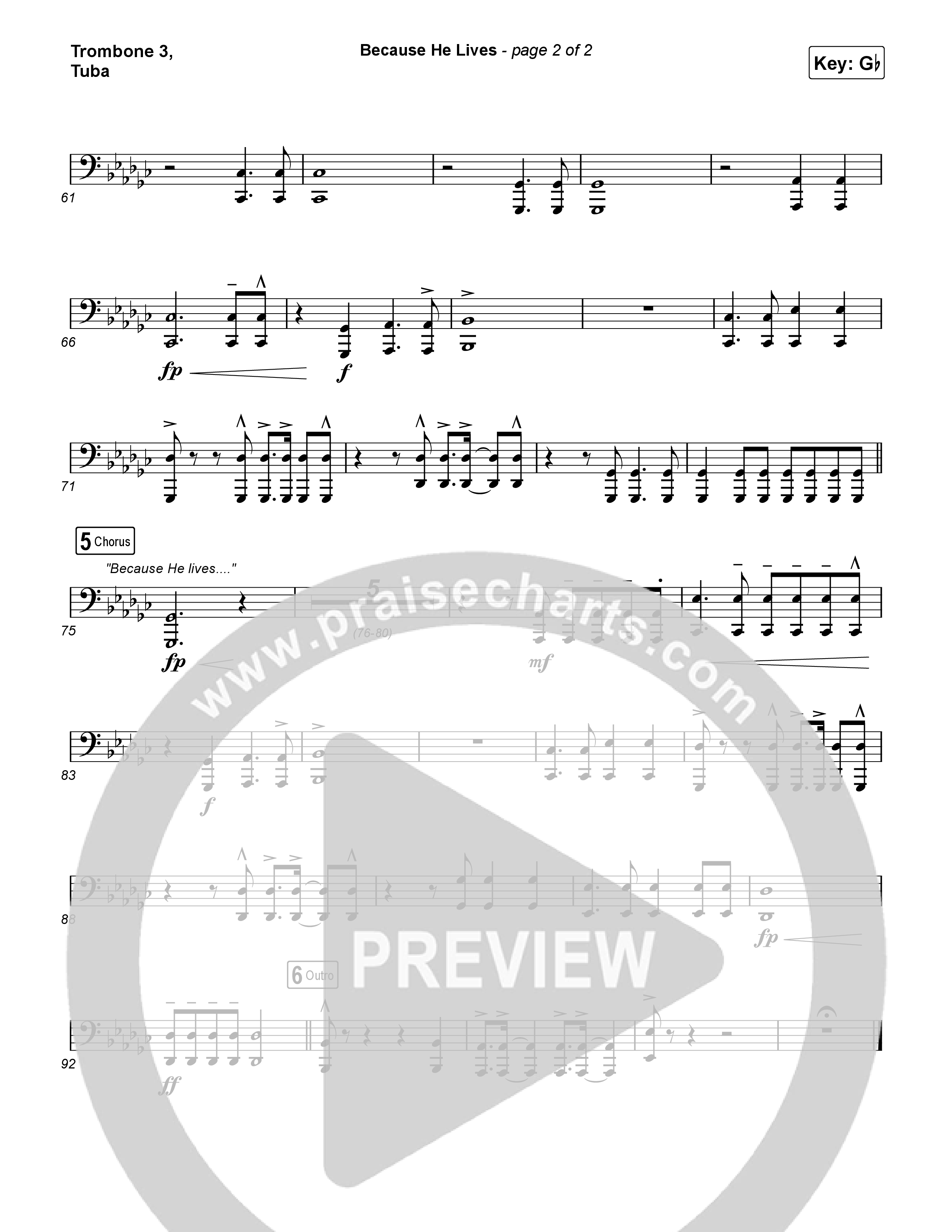 Because He Lives Trombone 3/Tuba (Rock Springs Worship / Arr. Matt Summers / Arr. Amber Balltzglier)