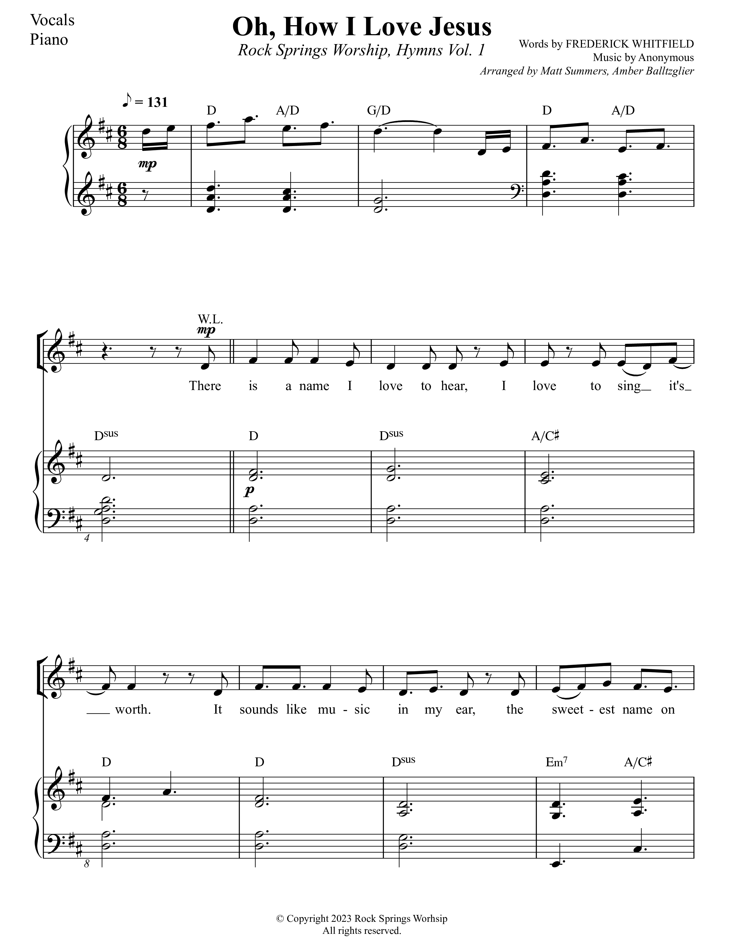 O How I Love Jesus Piano/Vocal (Rock Springs Worship / Arr. Matt Summers / Arr. Amber Balltzglier)