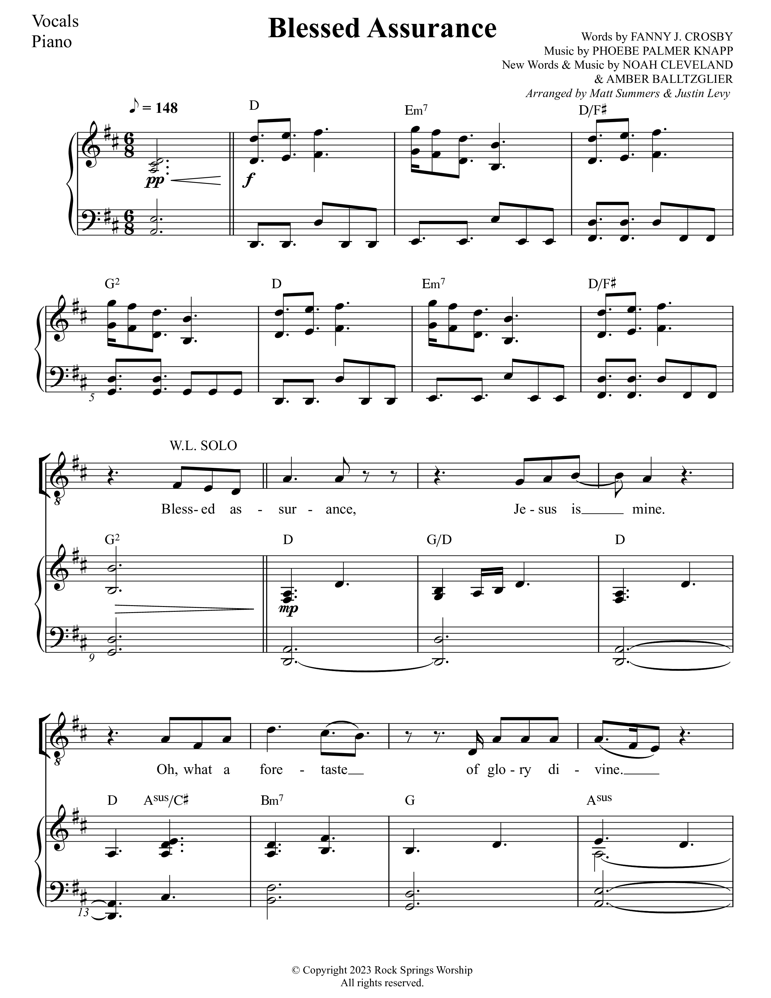 Blessed Assurance Piano/Vocal (Rock Springs Worship / Arr. Matt Summers / Arr. Justin Levy)