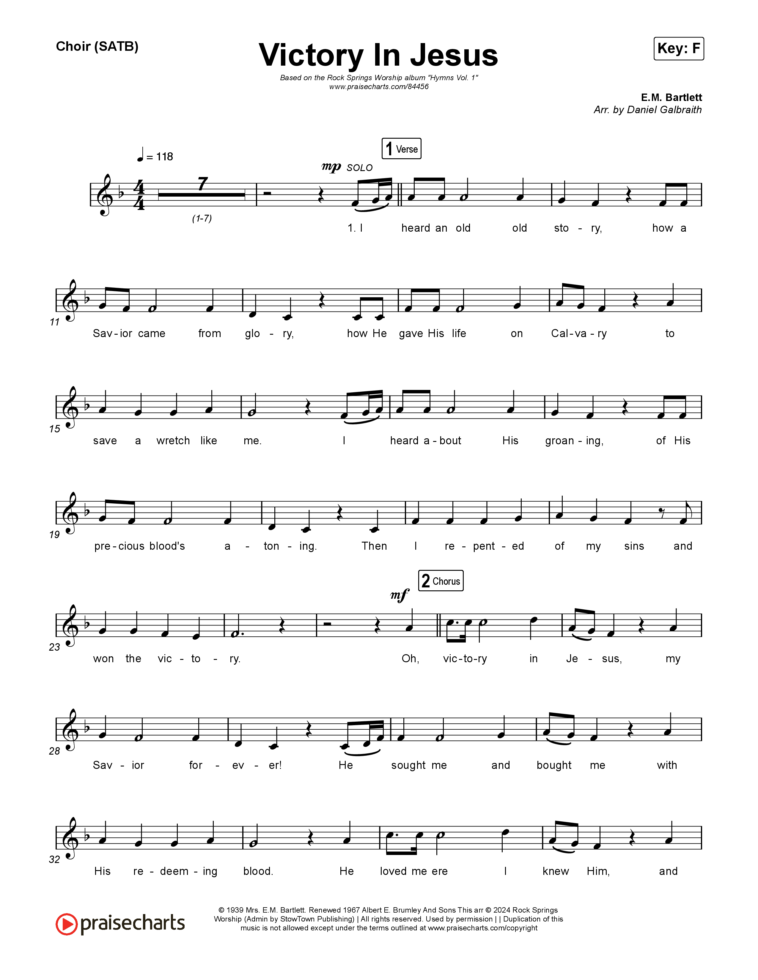 Victory In Jesus Choir Sheet (SATB) (Rock Springs Worship / Arr. Matt Summers / Arr. Amber Balltzglier)