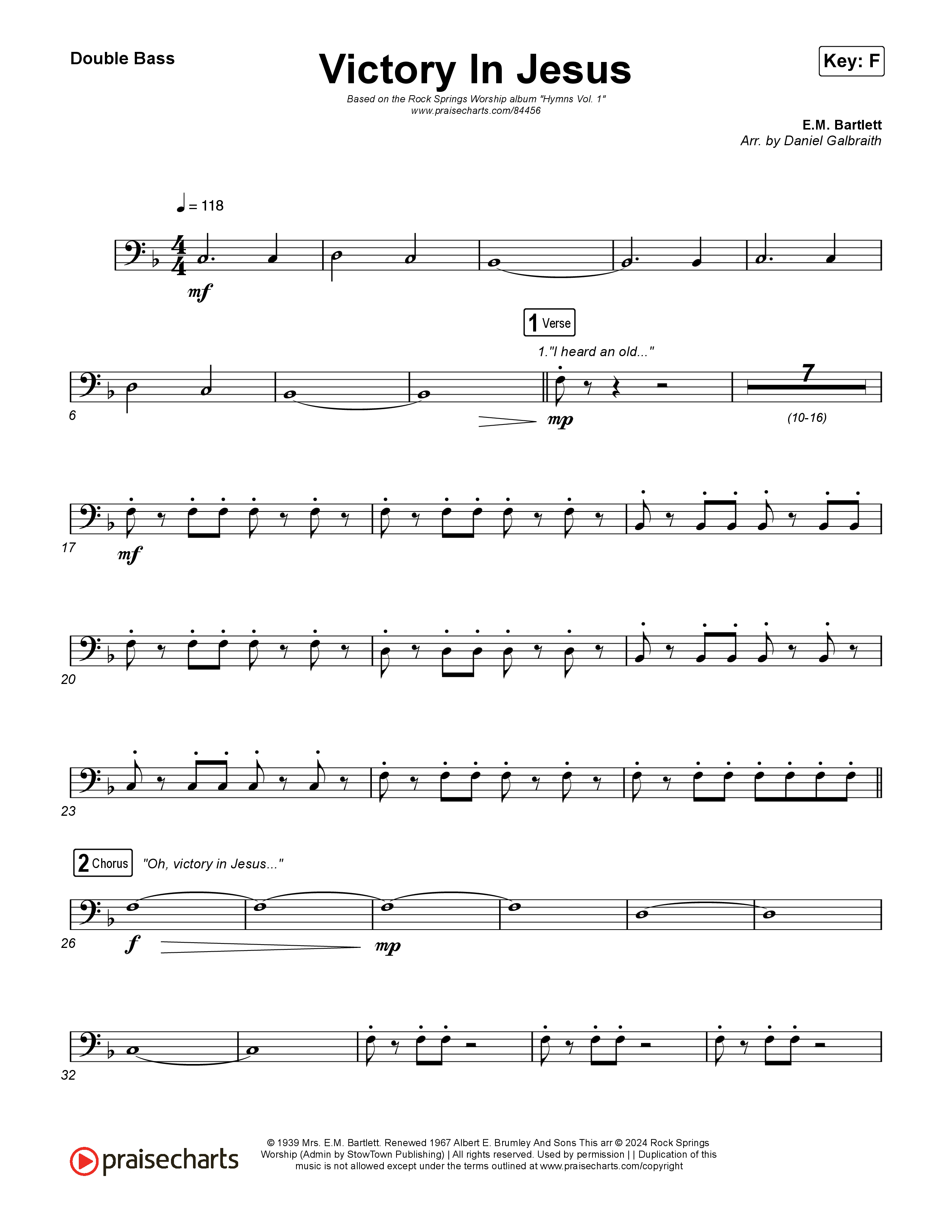 Victory In Jesus String Bass (Rock Springs Worship / Arr. Matt Summers / Arr. Amber Balltzglier)