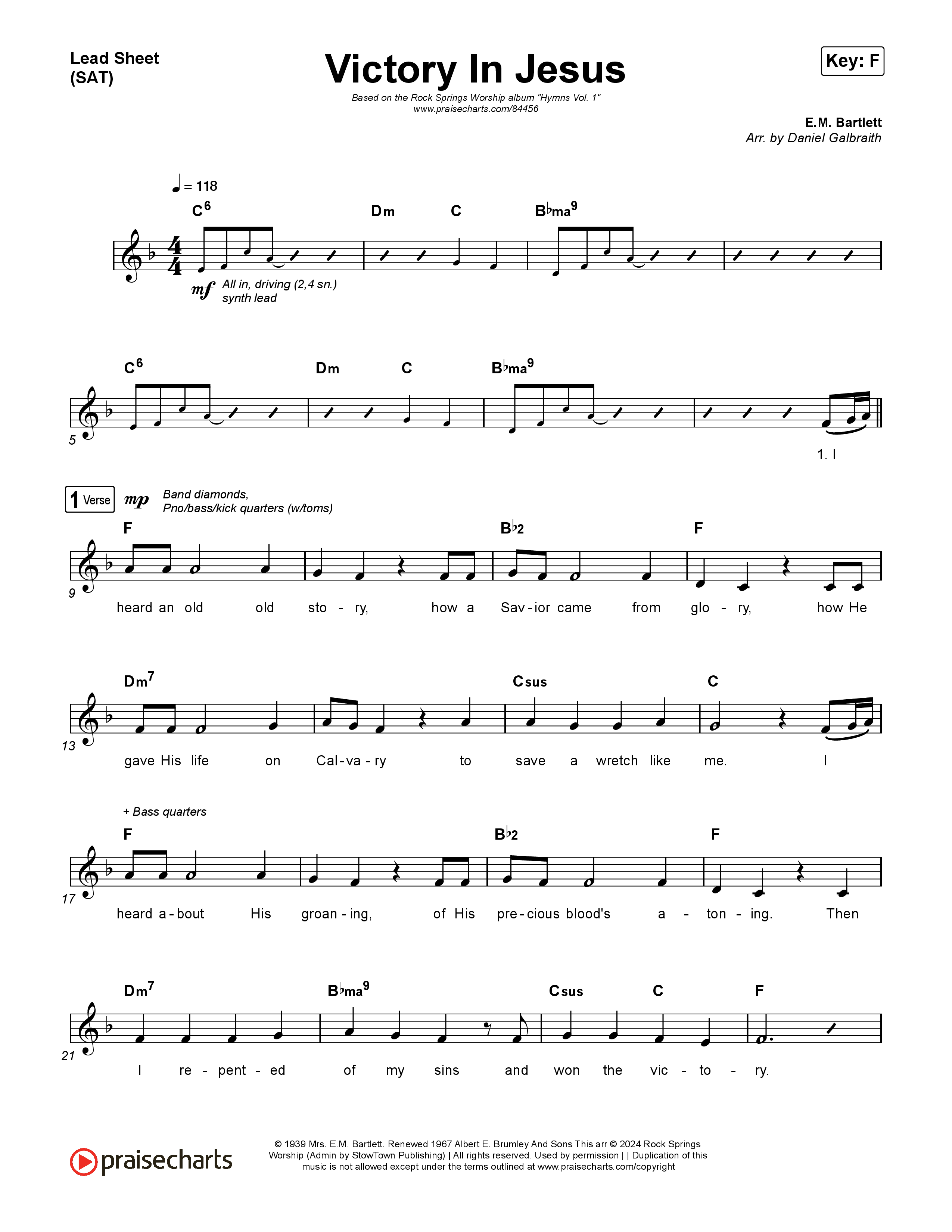 Victory In Jesus Lead Sheet (SAT) (Rock Springs Worship / Arr. Matt Summers / Arr. Amber Balltzglier)