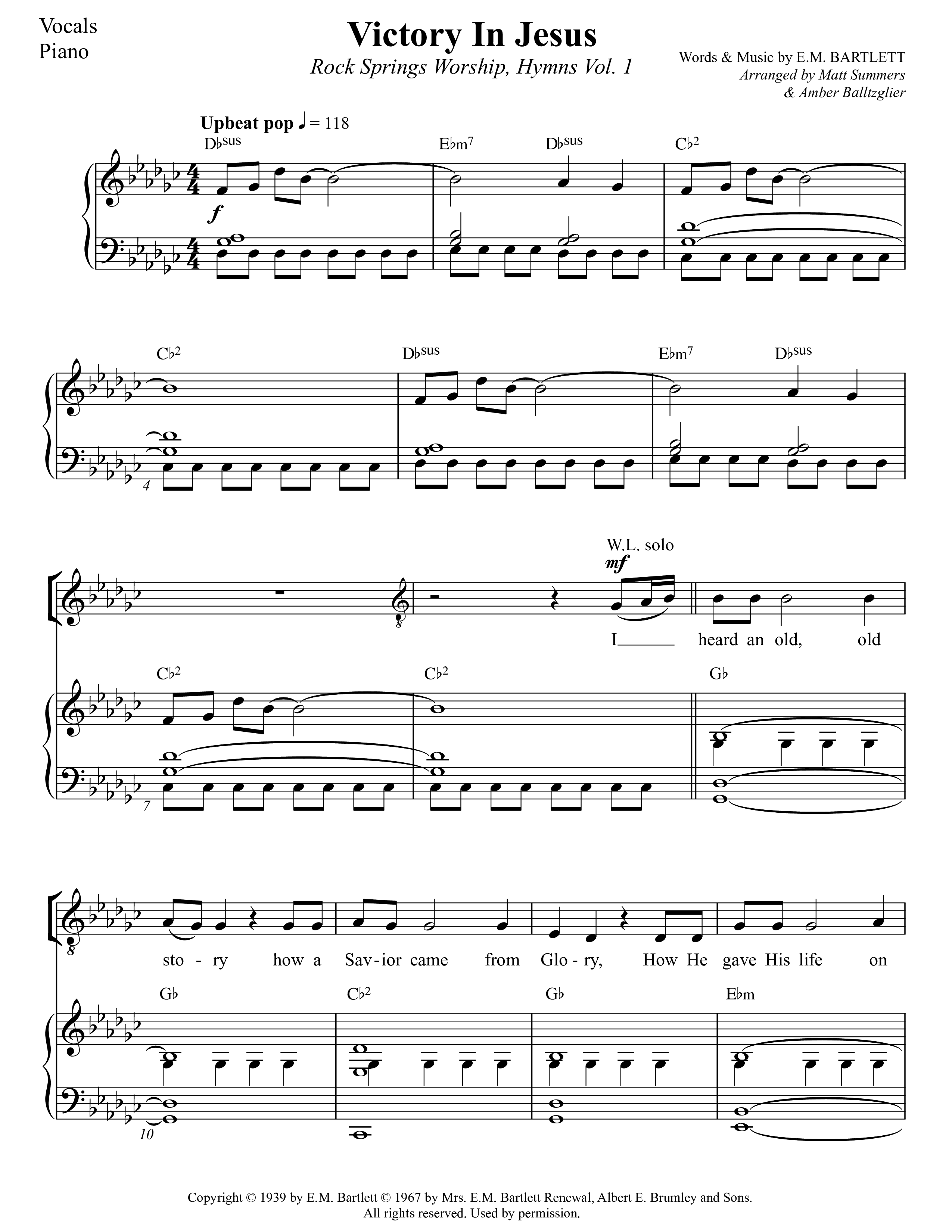 Victory In Jesus Piano/Vocal (SAT) (Rock Springs Worship / Arr. Matt Summers / Arr. Amber Balltzglier)