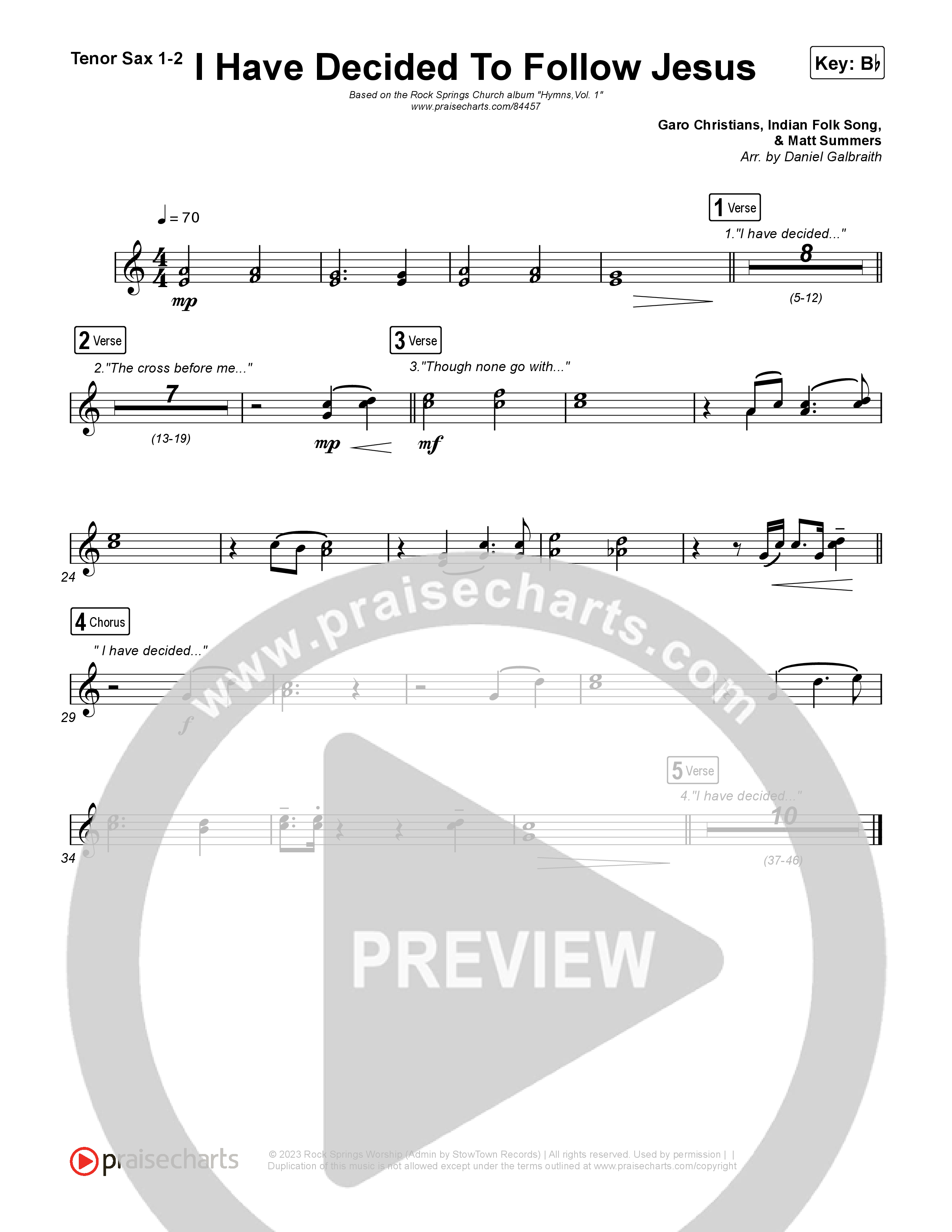 I Have Decided To Follow Jesus Tenor Sax 1,2 (Rock Springs Worship / Arr. Matt Summers)