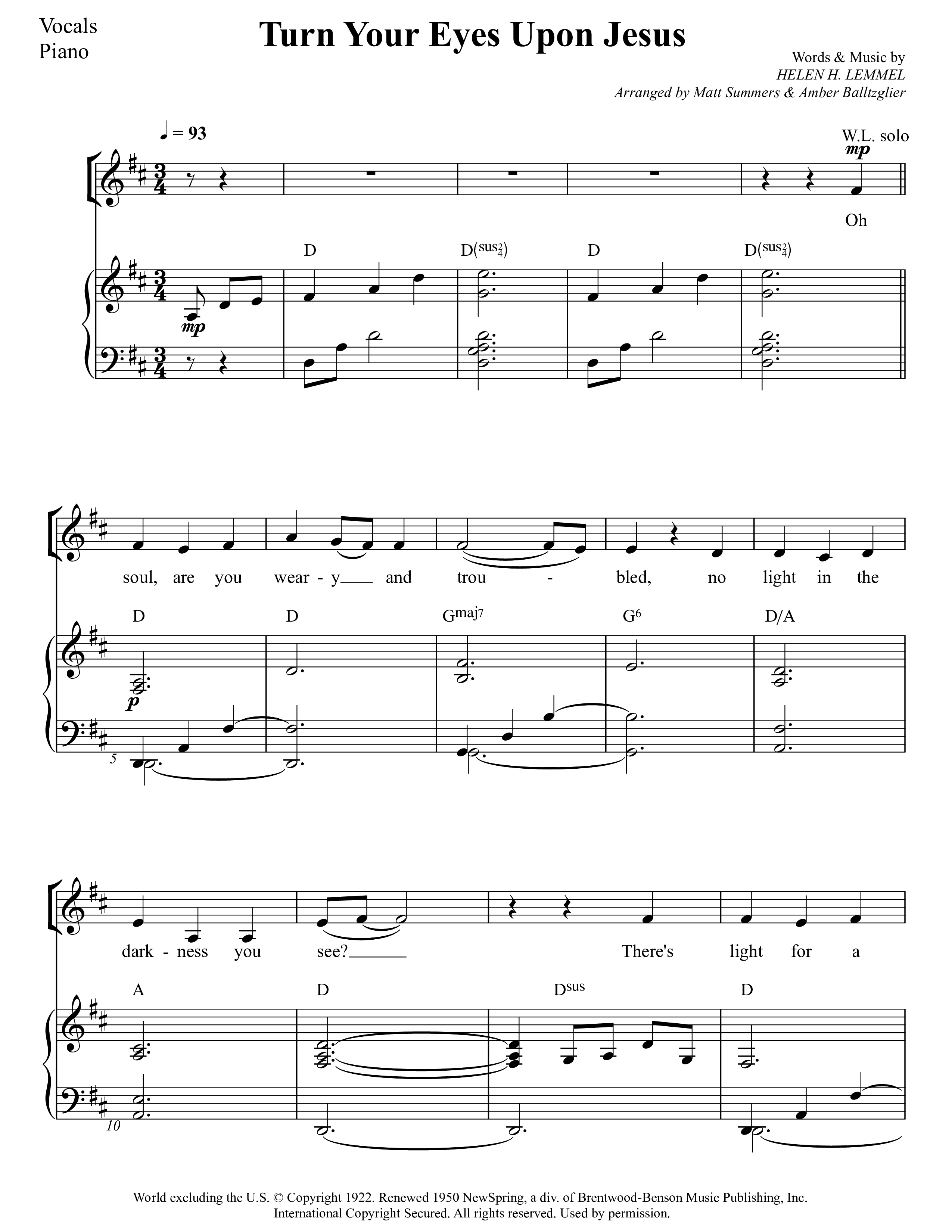 Turn Your Eyes Upon Jesus Piano/Vocal (Rock Springs Worship / Arr. Matt Summers / Arr. Amber Balltzglier)