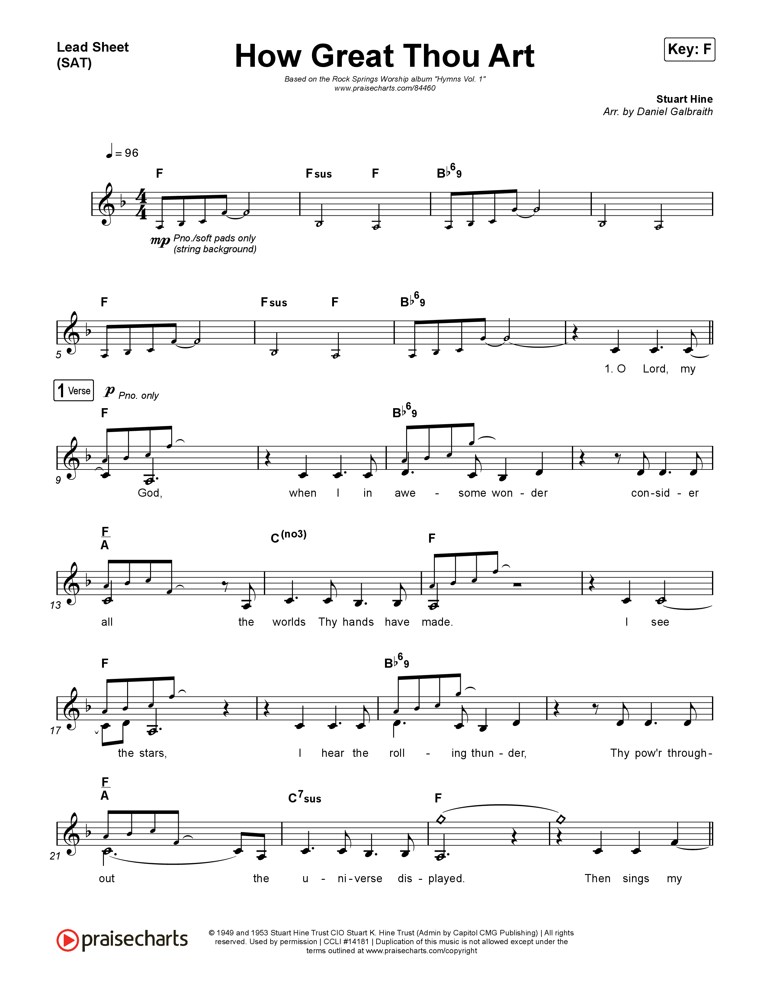 How Great Thou Art Lead Sheet (SAT) (Rock Springs Worship / Arr. Matt Summers / Arr. Amber Balltzglier)