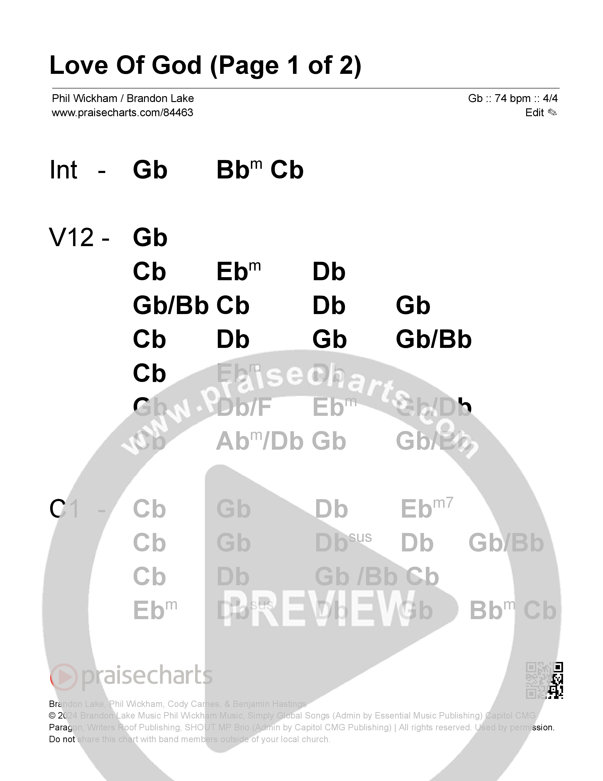 Love Of God Stage Chart (Brandon Lake / Phil Wickham)