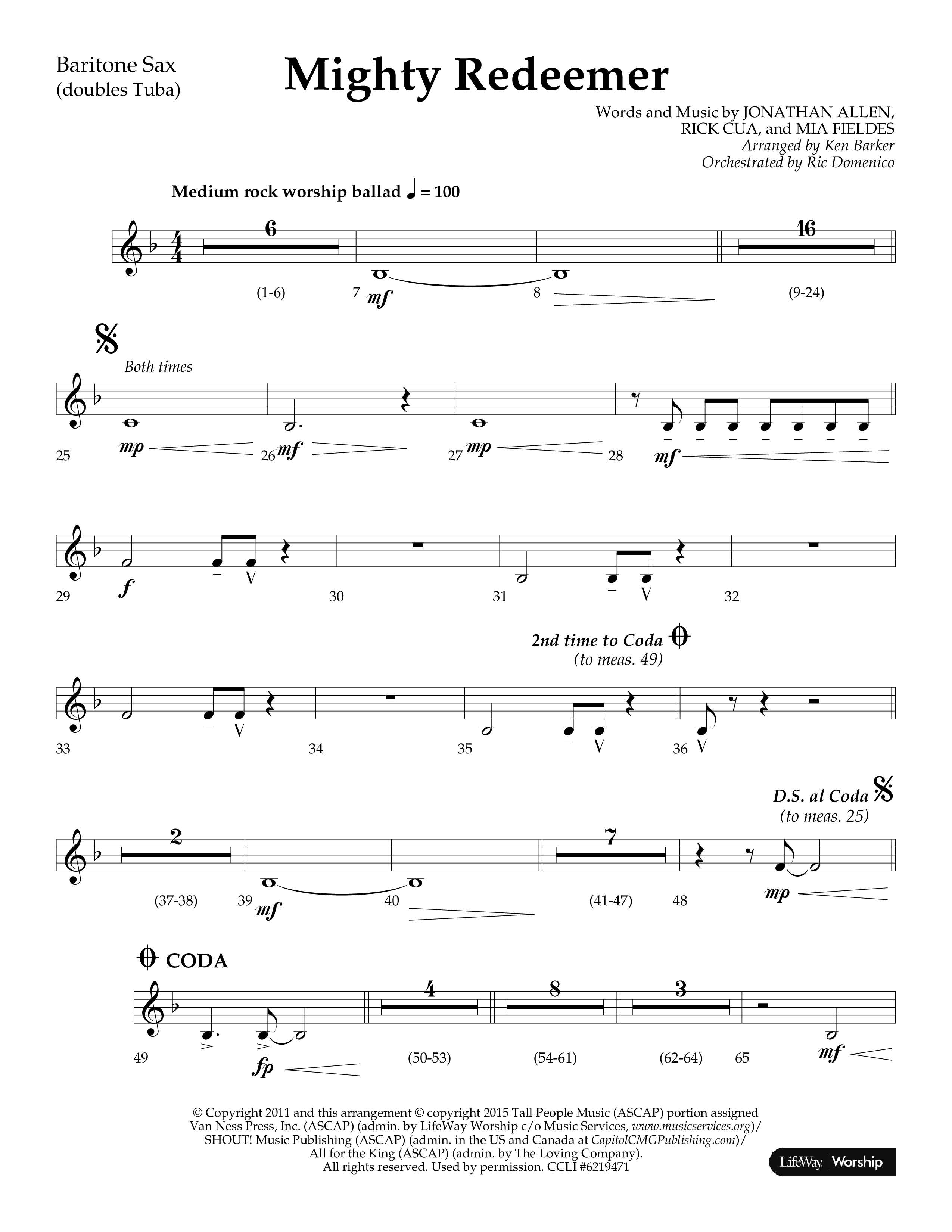 Mighty Redeemer (Choral Anthem SATB) Bari Sax (Lifeway Choral / Arr. Ken Barker / Orch. Ric Domenico)