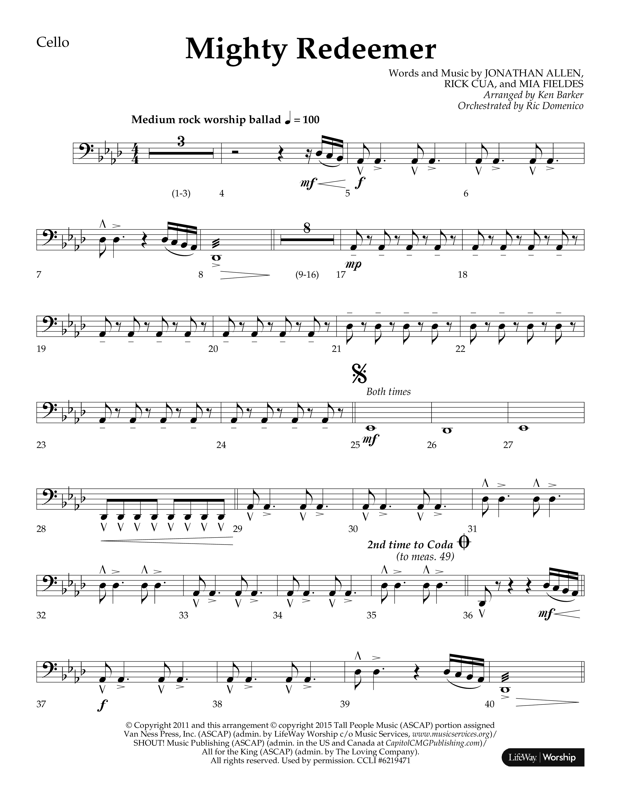 Mighty Redeemer (Choral Anthem SATB) Cello (Lifeway Choral / Arr. Ken Barker / Orch. Ric Domenico)