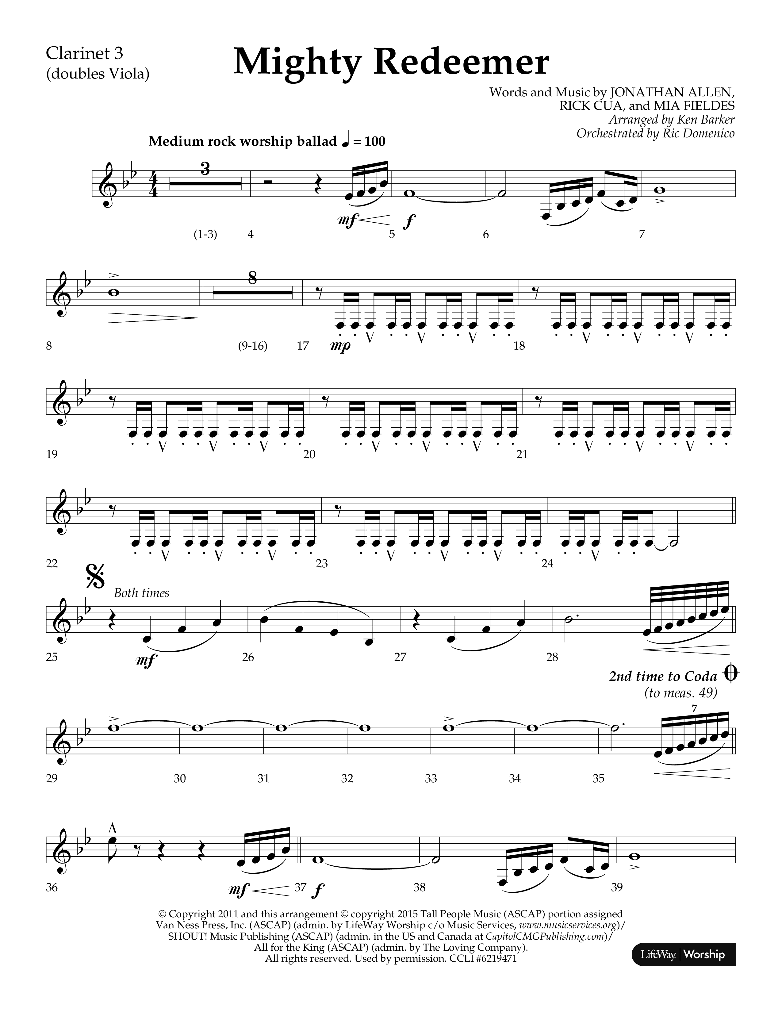 Mighty Redeemer (Choral Anthem SATB) Clarinet 3 (Lifeway Choral / Arr. Ken Barker / Orch. Ric Domenico)