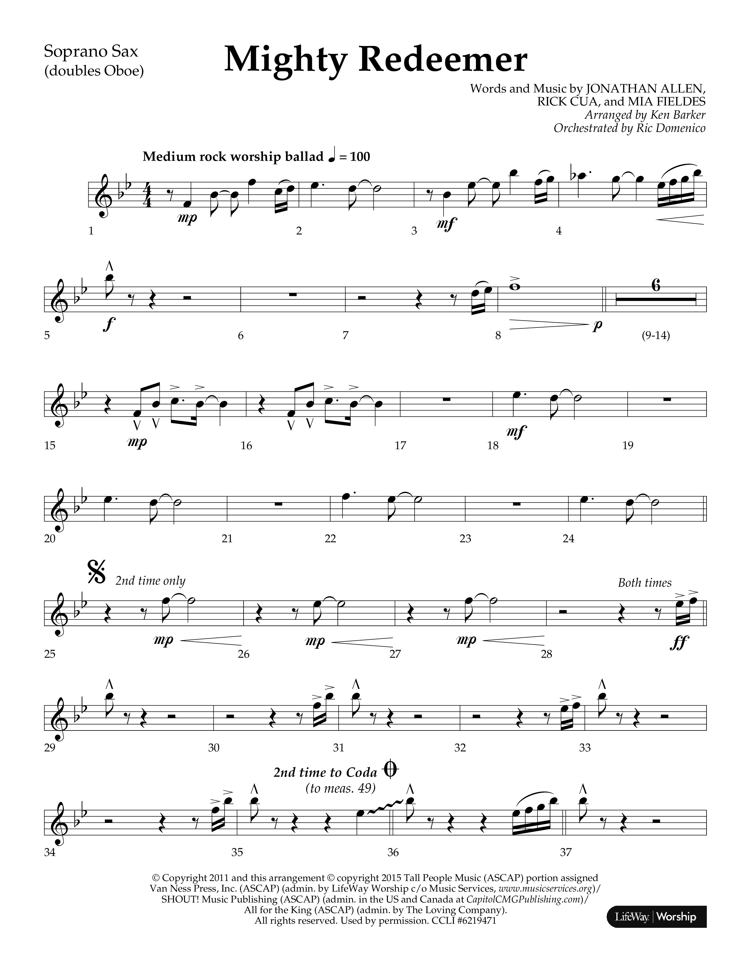 Mighty Redeemer (Choral Anthem SATB) Soprano Sax (Lifeway Choral / Arr. Ken Barker / Orch. Ric Domenico)