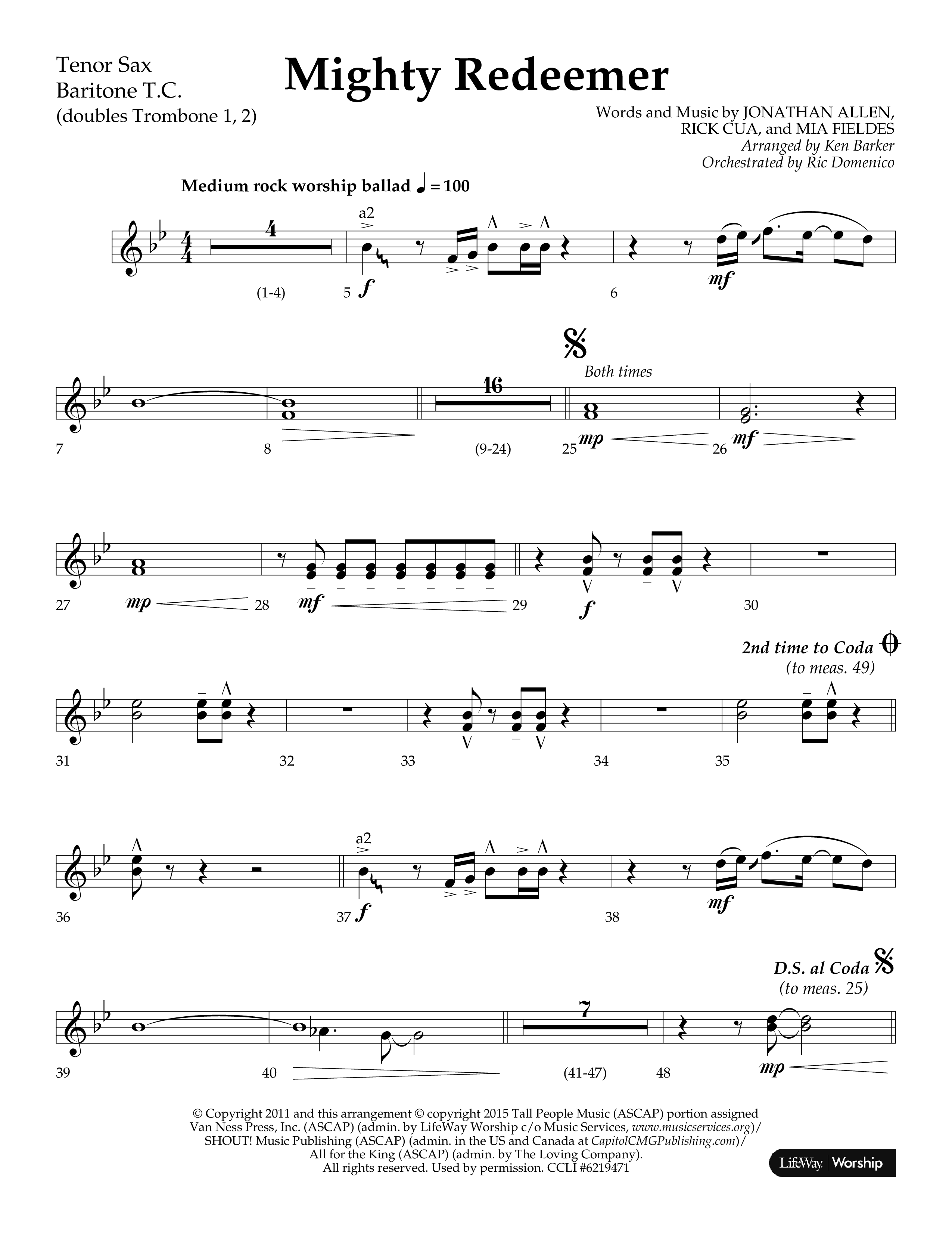 Mighty Redeemer (Choral Anthem SATB) Tenor Sax 1 (Lifeway Choral / Arr. Ken Barker / Orch. Ric Domenico)