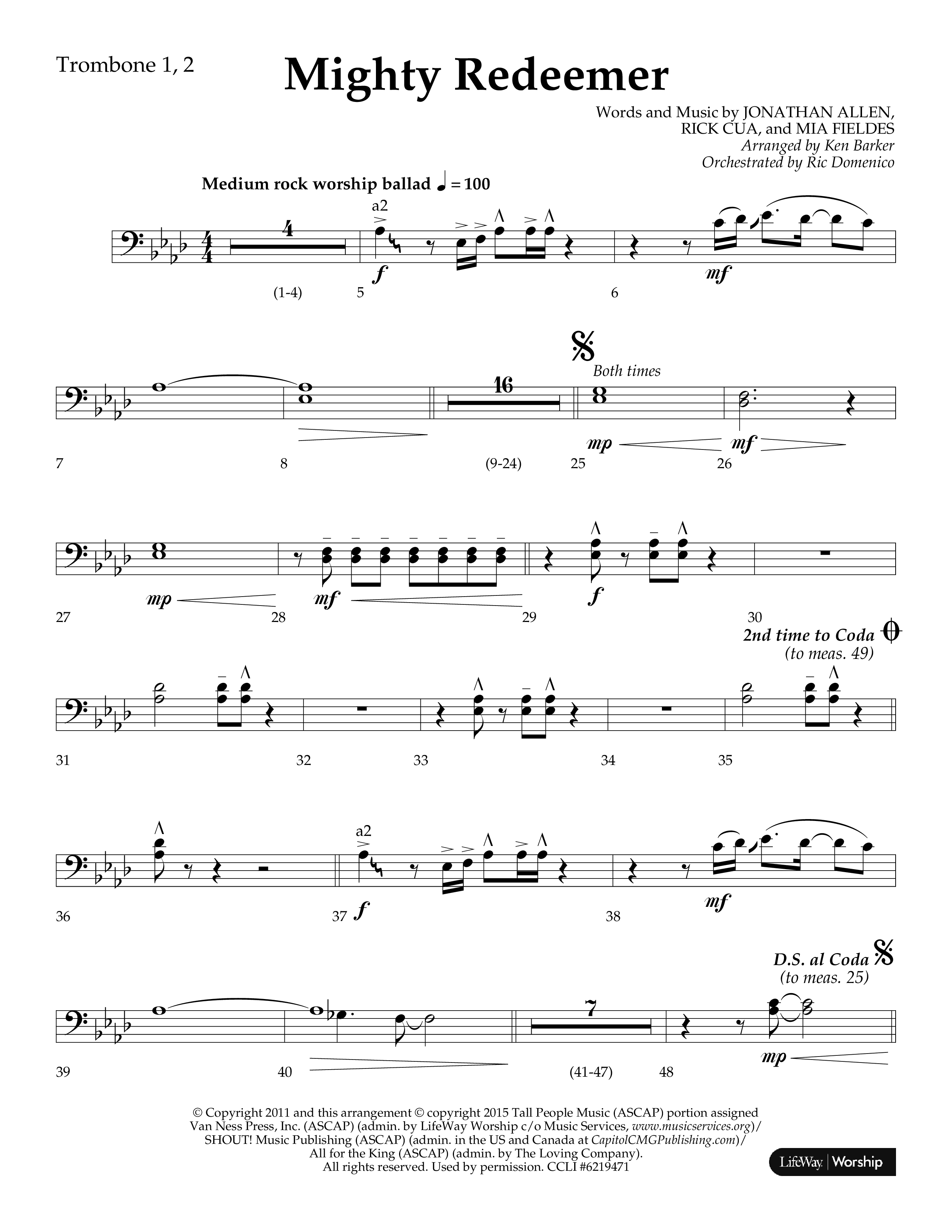 Mighty Redeemer (Choral Anthem SATB) Trombone 1/2 (Lifeway Choral / Arr. Ken Barker / Orch. Ric Domenico)