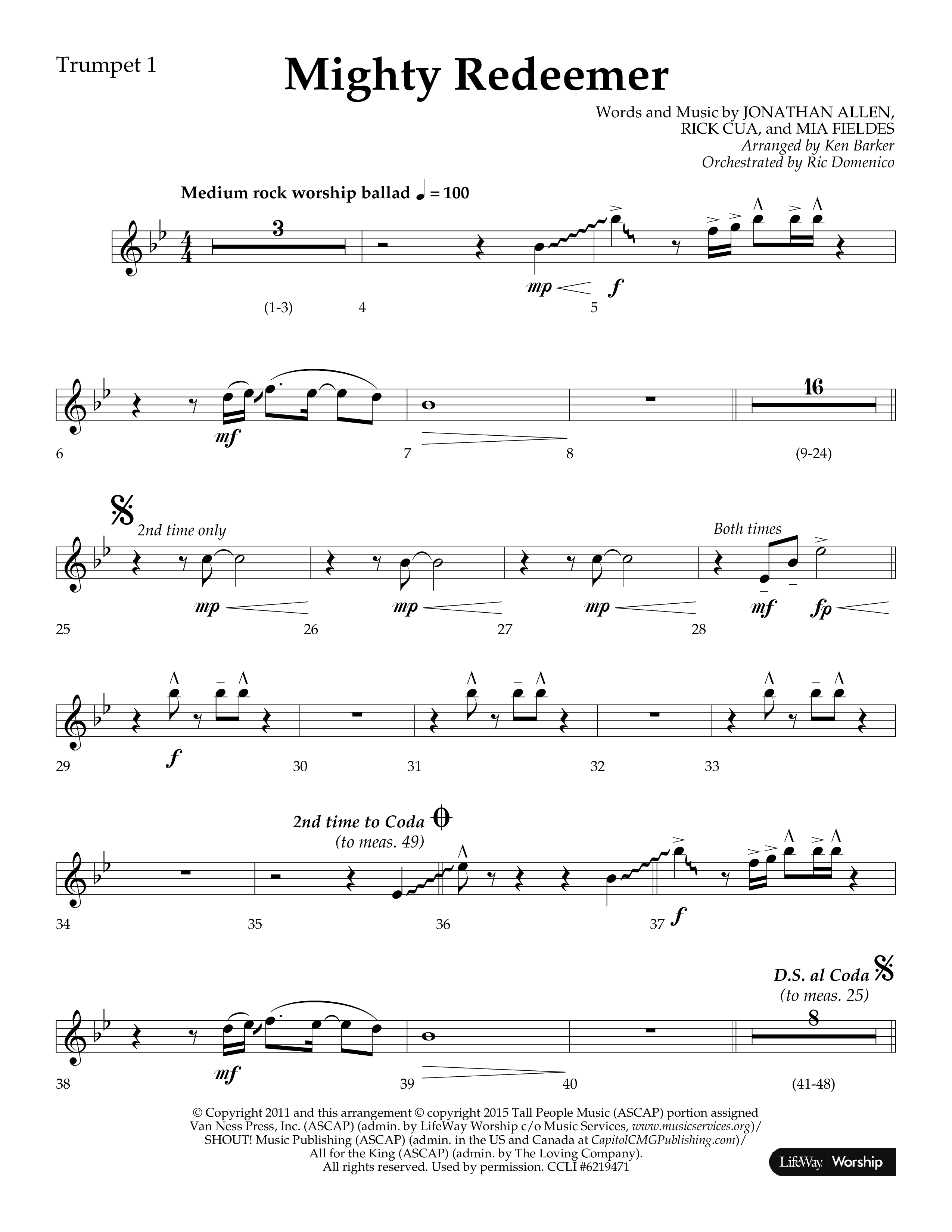Mighty Redeemer (Choral Anthem SATB) Trumpet 1 (Lifeway Choral / Arr. Ken Barker / Orch. Ric Domenico)