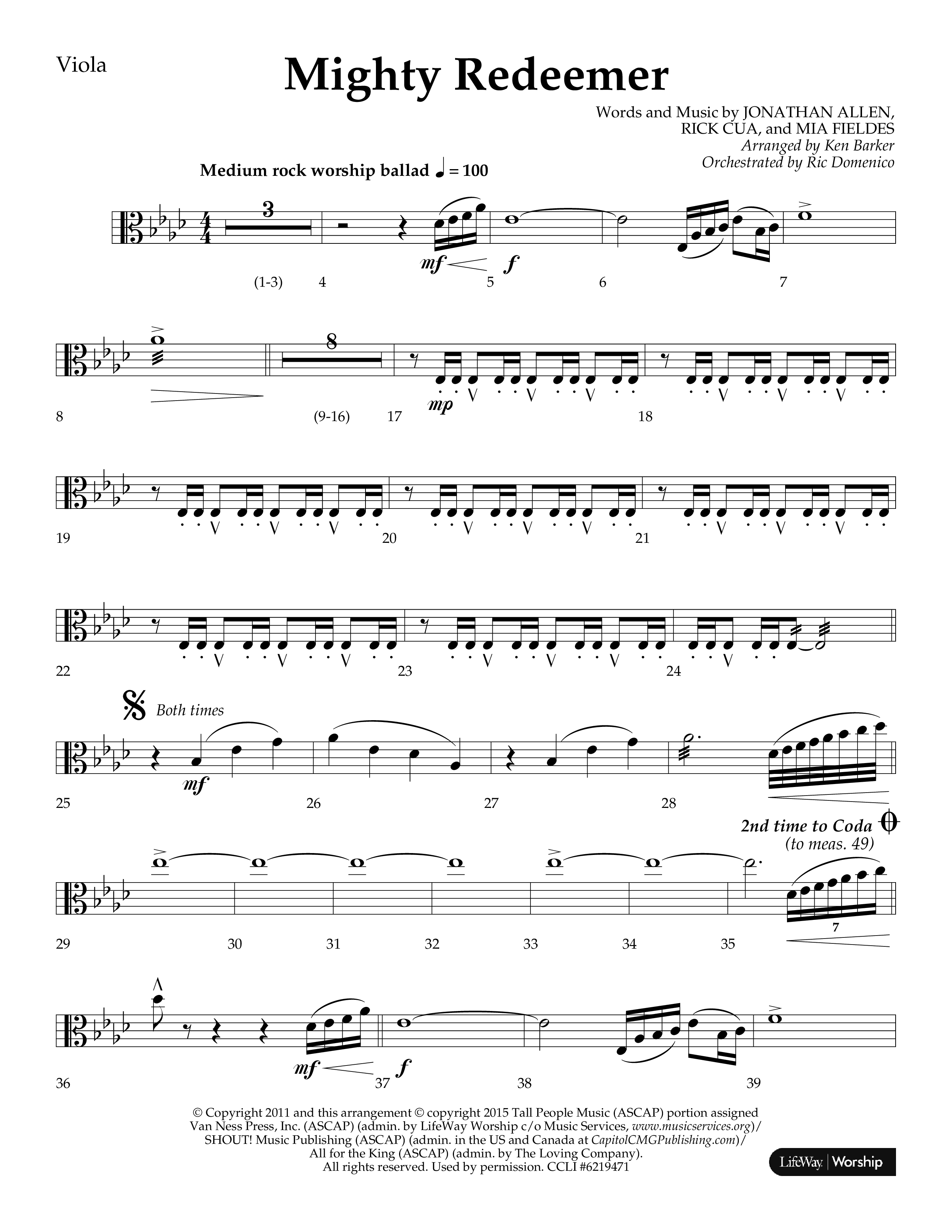 Mighty Redeemer (Choral Anthem SATB) Viola (Lifeway Choral / Arr. Ken Barker / Orch. Ric Domenico)