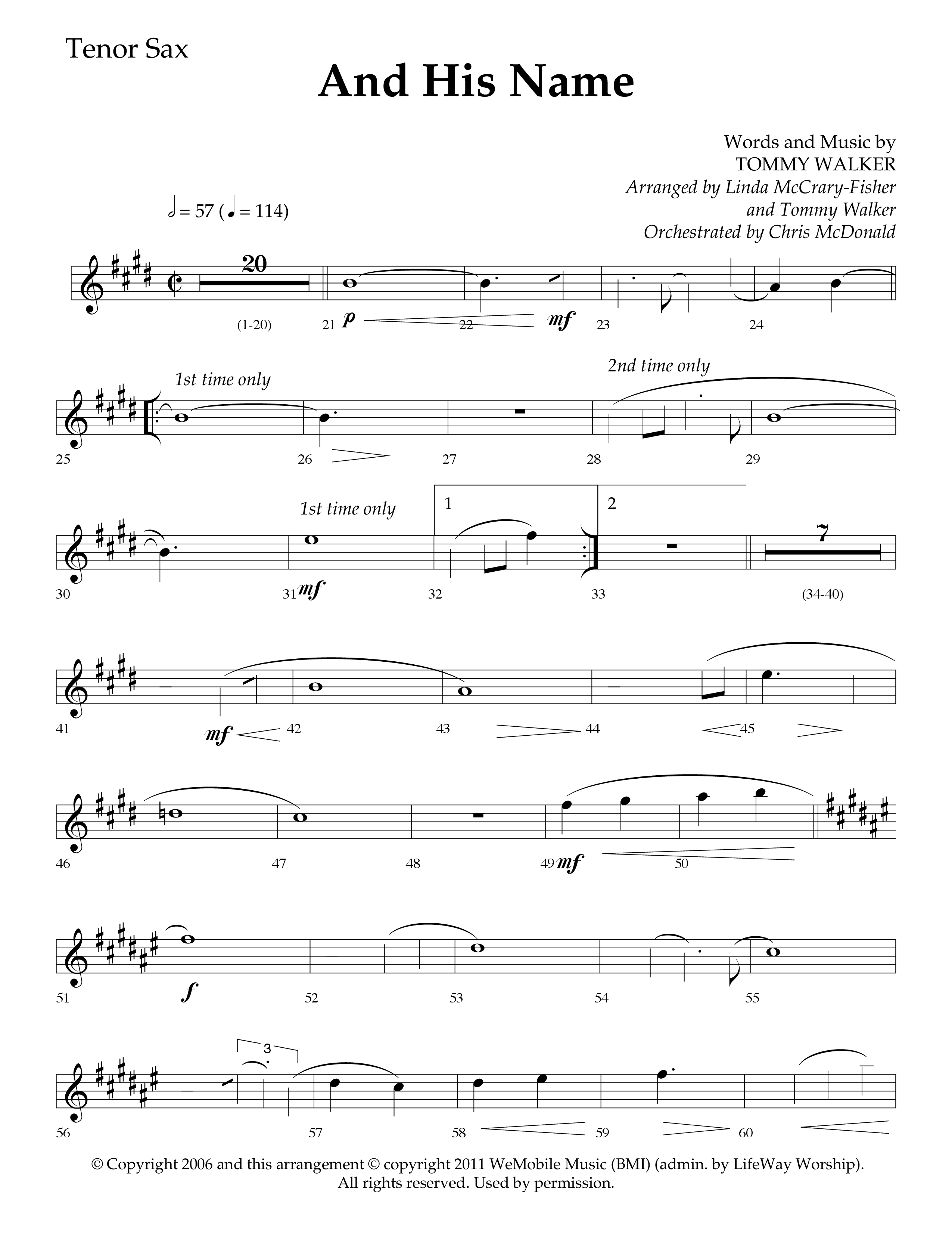 And His Name (Choral Anthem SATB) Tenor Sax 1 (Lifeway Choral / Arr. Linda McCrary-Fisher / Arr. Tommy Walker / Orch. Chris McDonald)