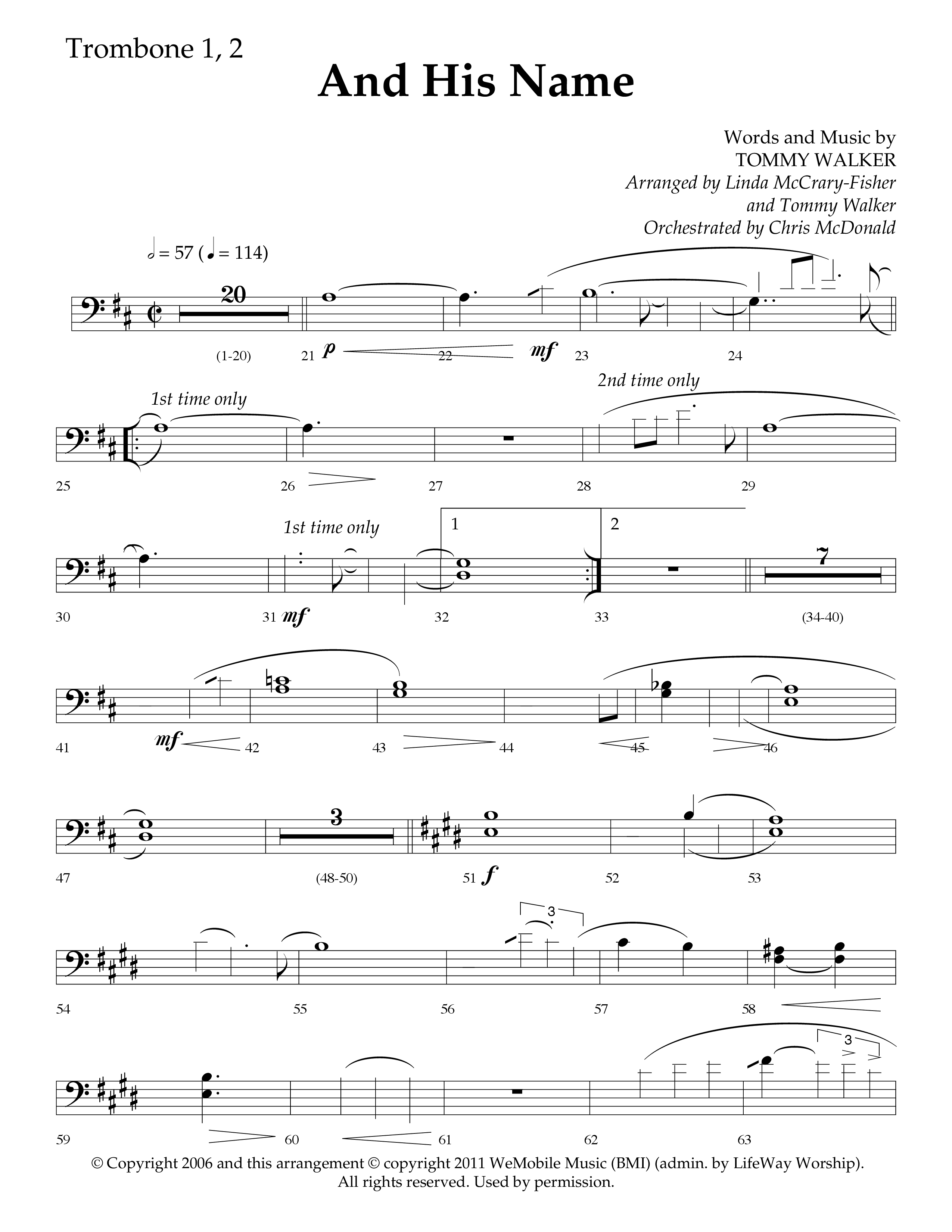 And His Name (Choral Anthem SATB) Trombone 1/2 (Lifeway Choral / Arr. Linda McCrary-Fisher / Arr. Tommy Walker / Orch. Chris McDonald)