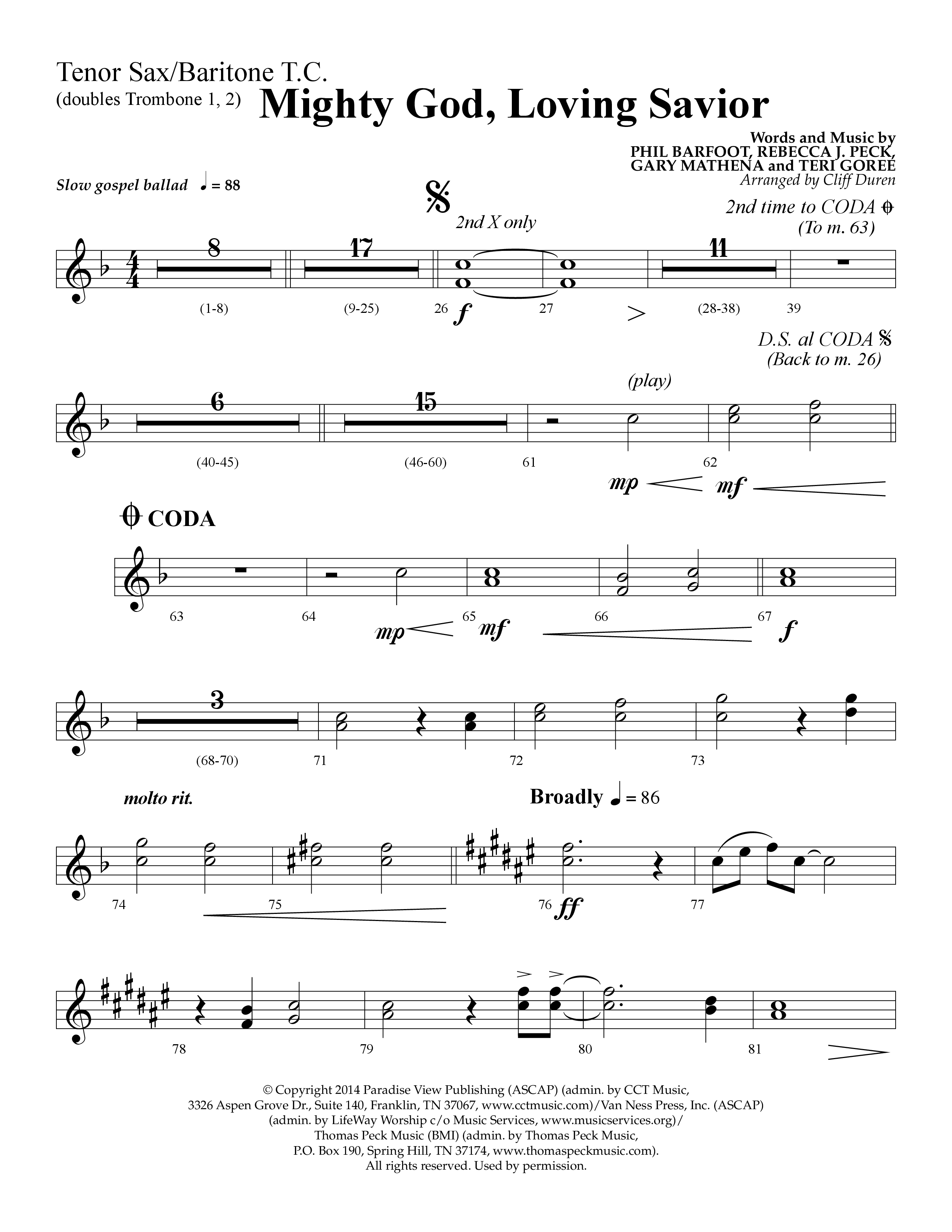 Mighty God Loving Savior (Choral Anthem SATB) Tenor Sax/Baritone T.C. (Lifeway Choral / Arr. Cliff Duren)