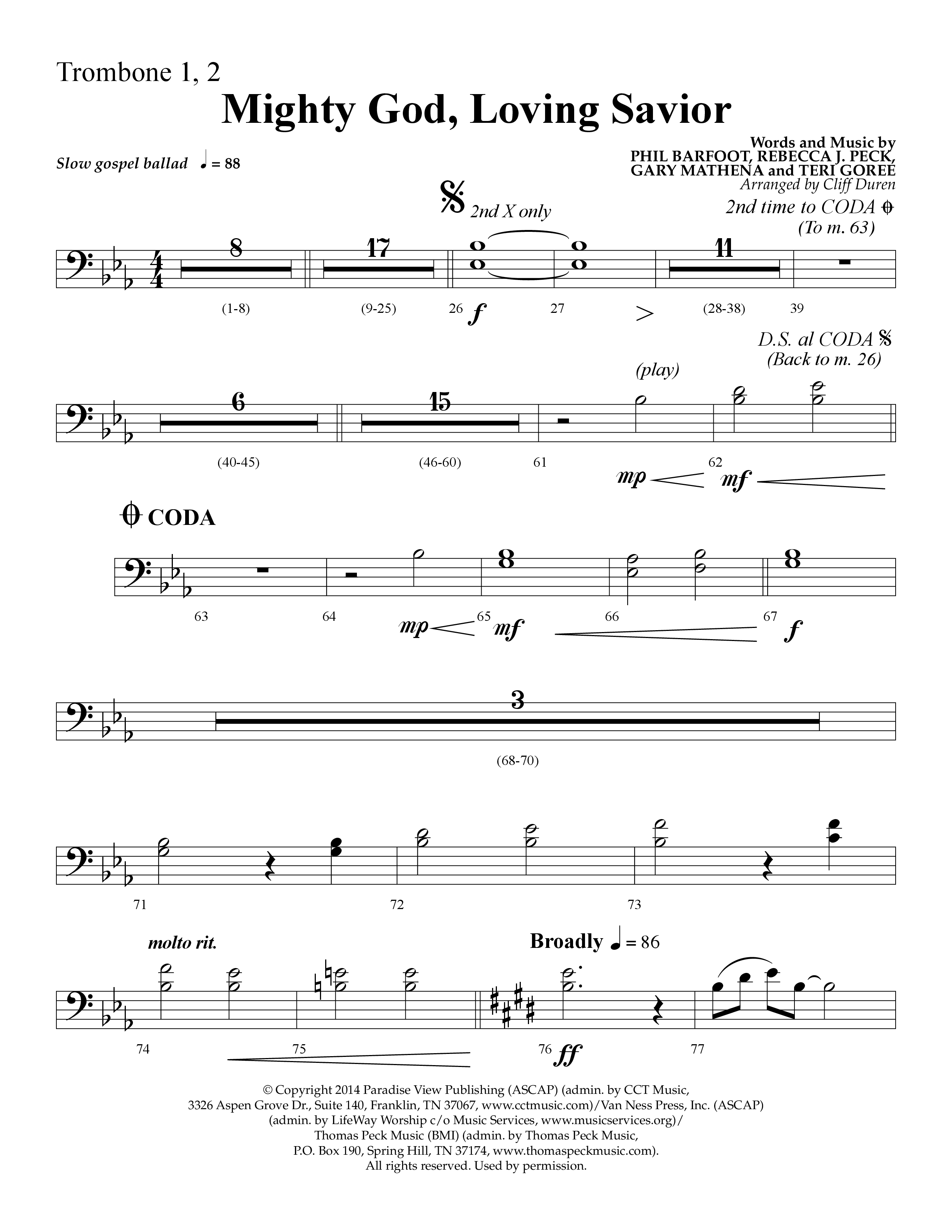 Mighty God Loving Savior (Choral Anthem SATB) Trombone 1/2 (Lifeway Choral / Arr. Cliff Duren)
