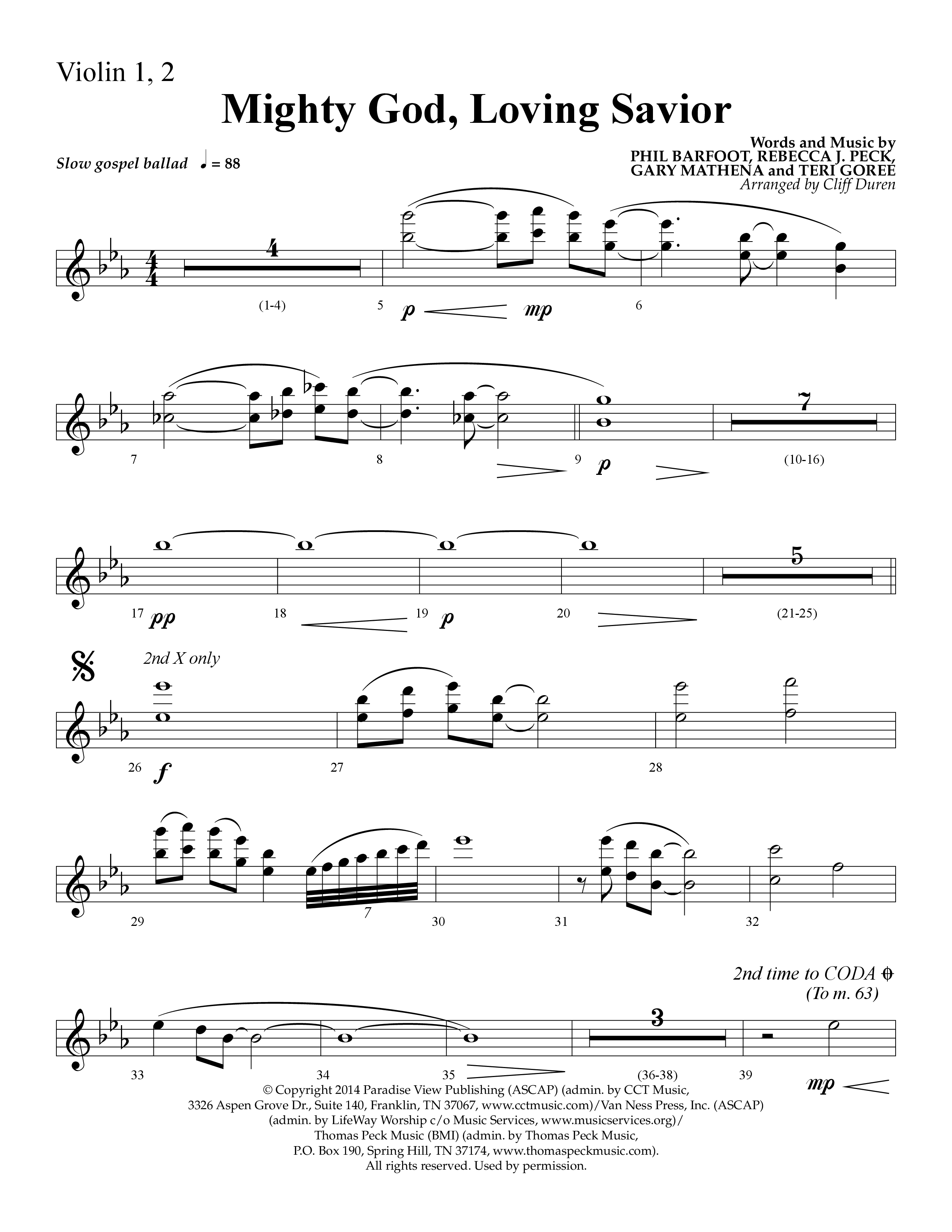 Mighty God Loving Savior (Choral Anthem SATB) Violin 1/2 (Lifeway Choral / Arr. Cliff Duren)